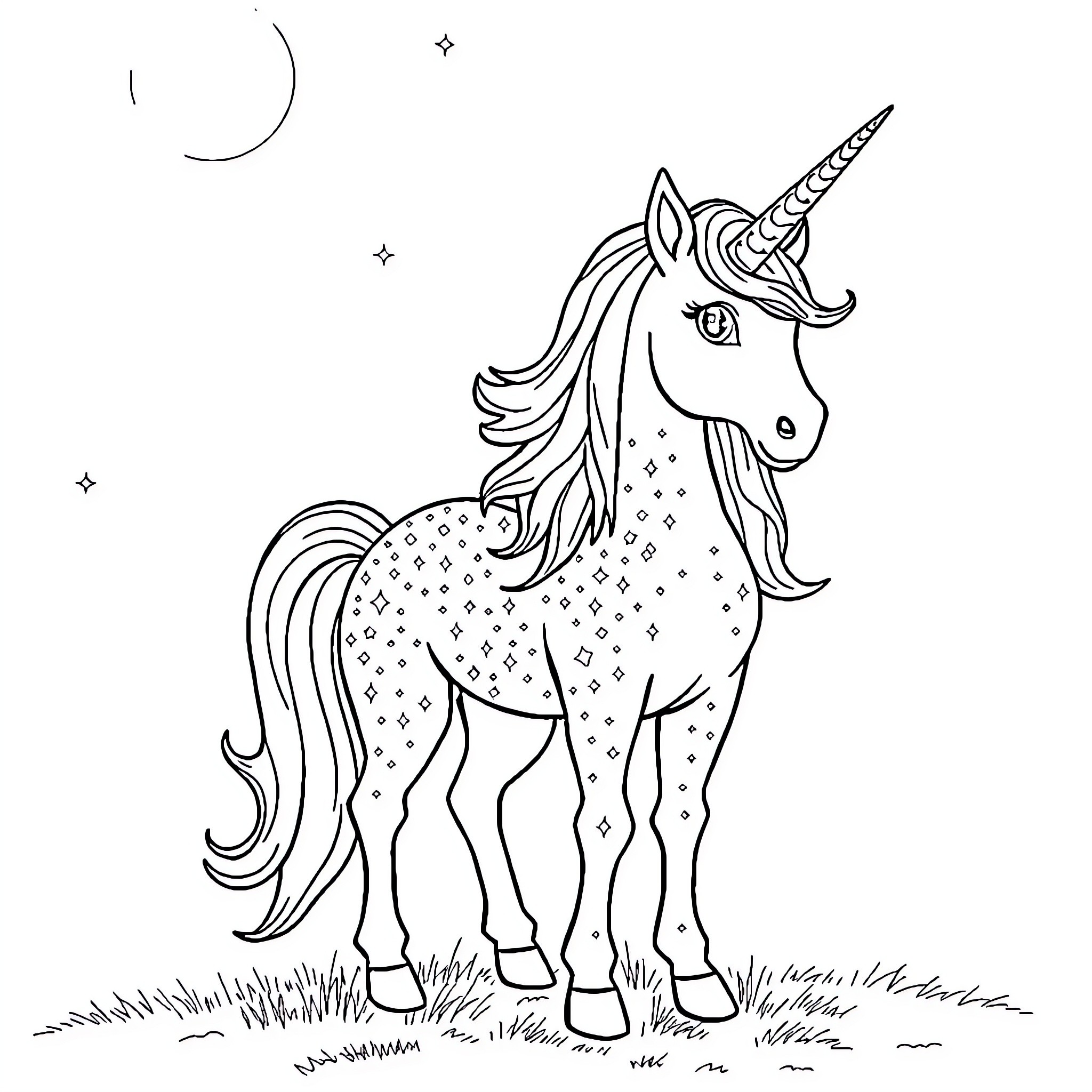 Unicorn standing proudly in the starry night Coloring Page (free black-and-white line drawing printable PDF for all, from beginners to advanced learners, including children, teens, adults, and seniors)