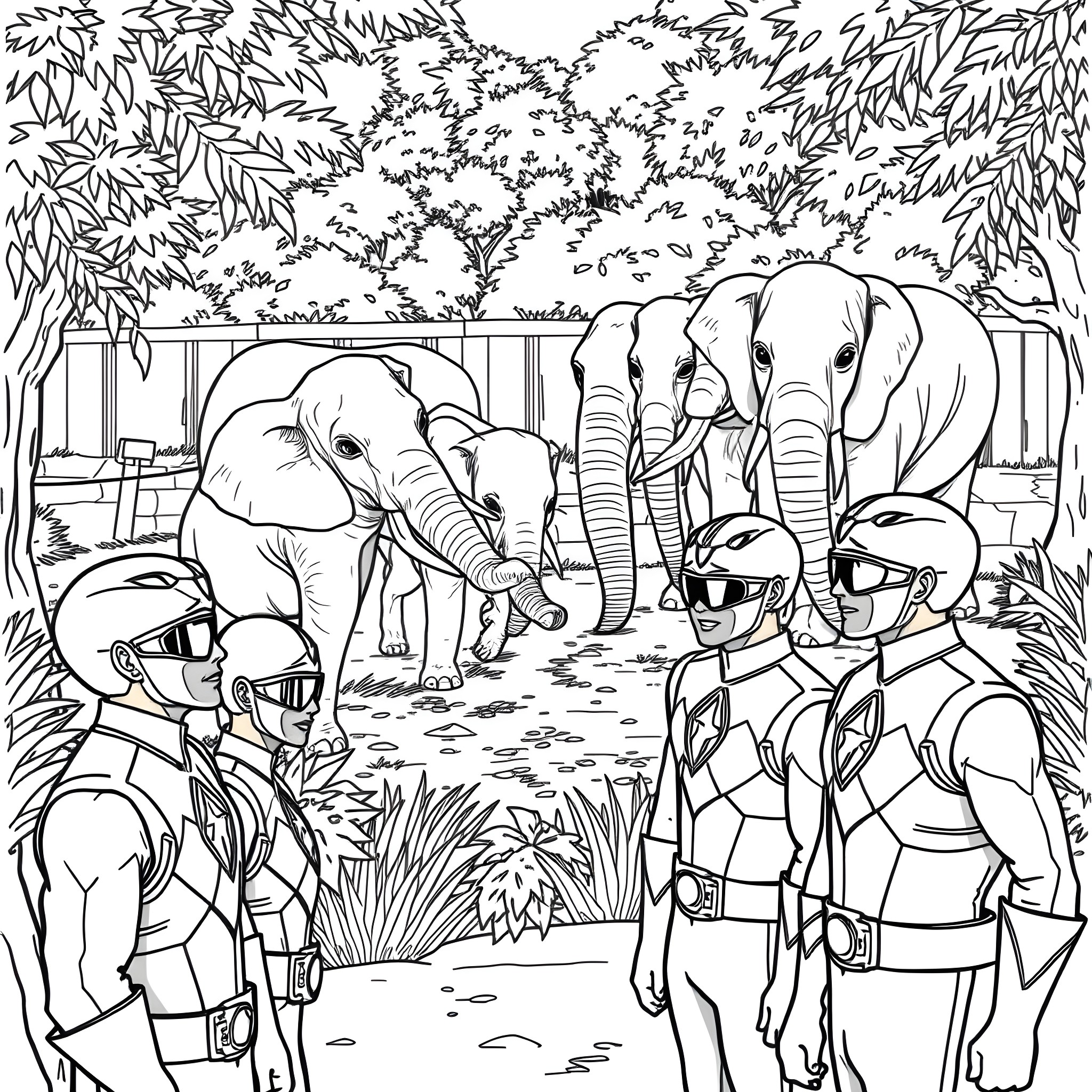 Power Rangers Encounter Elephants in the Wild Coloring Page (free black-and-white line drawing printable PDF for all, from beginners to advanced learners, including children, teens, adults, and seniors)