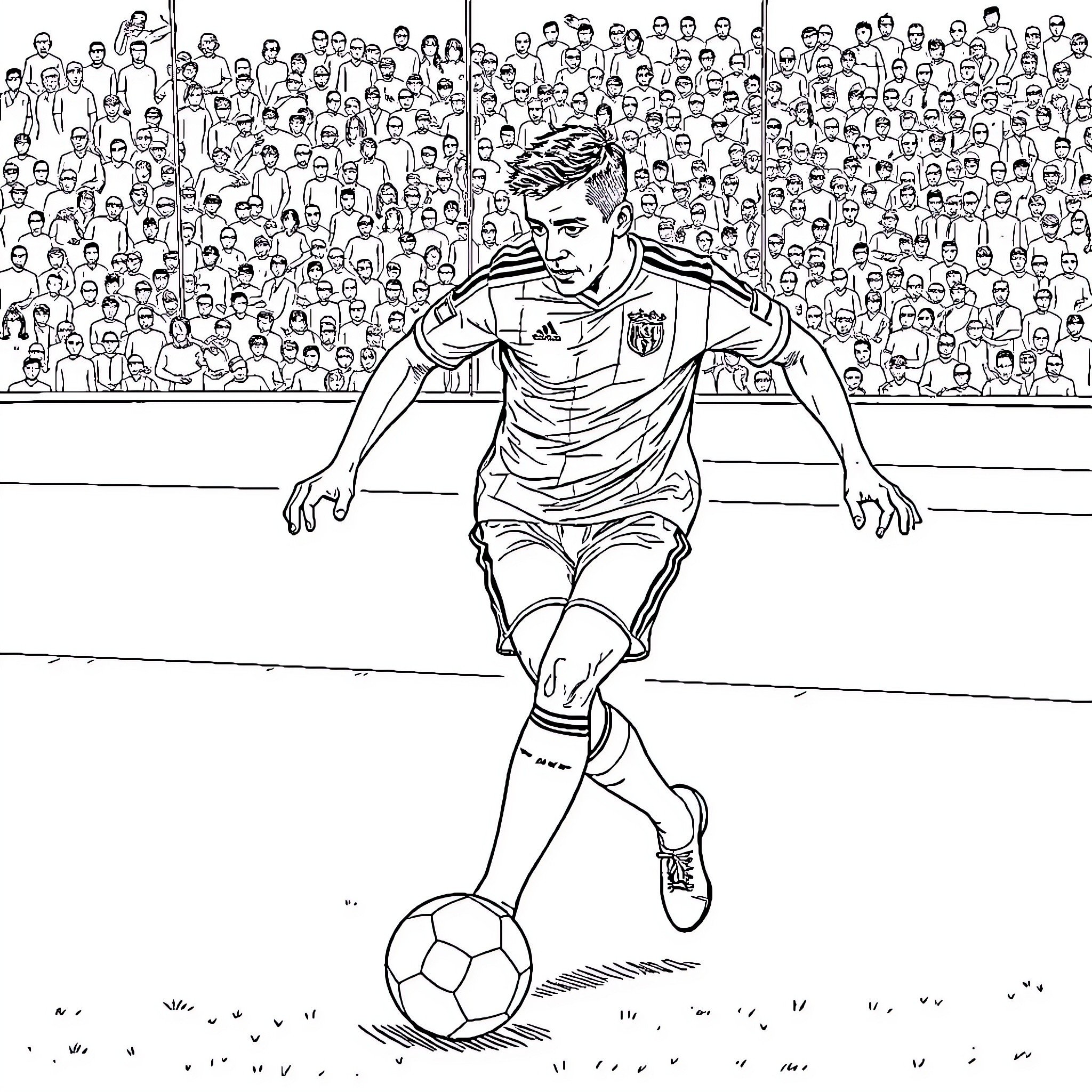 Serhou Guirassy playing football on the field Coloring Page (free black-and-white line drawing printable PDF for all, from beginners to advanced learners, including children, teens, adults, and seniors)
