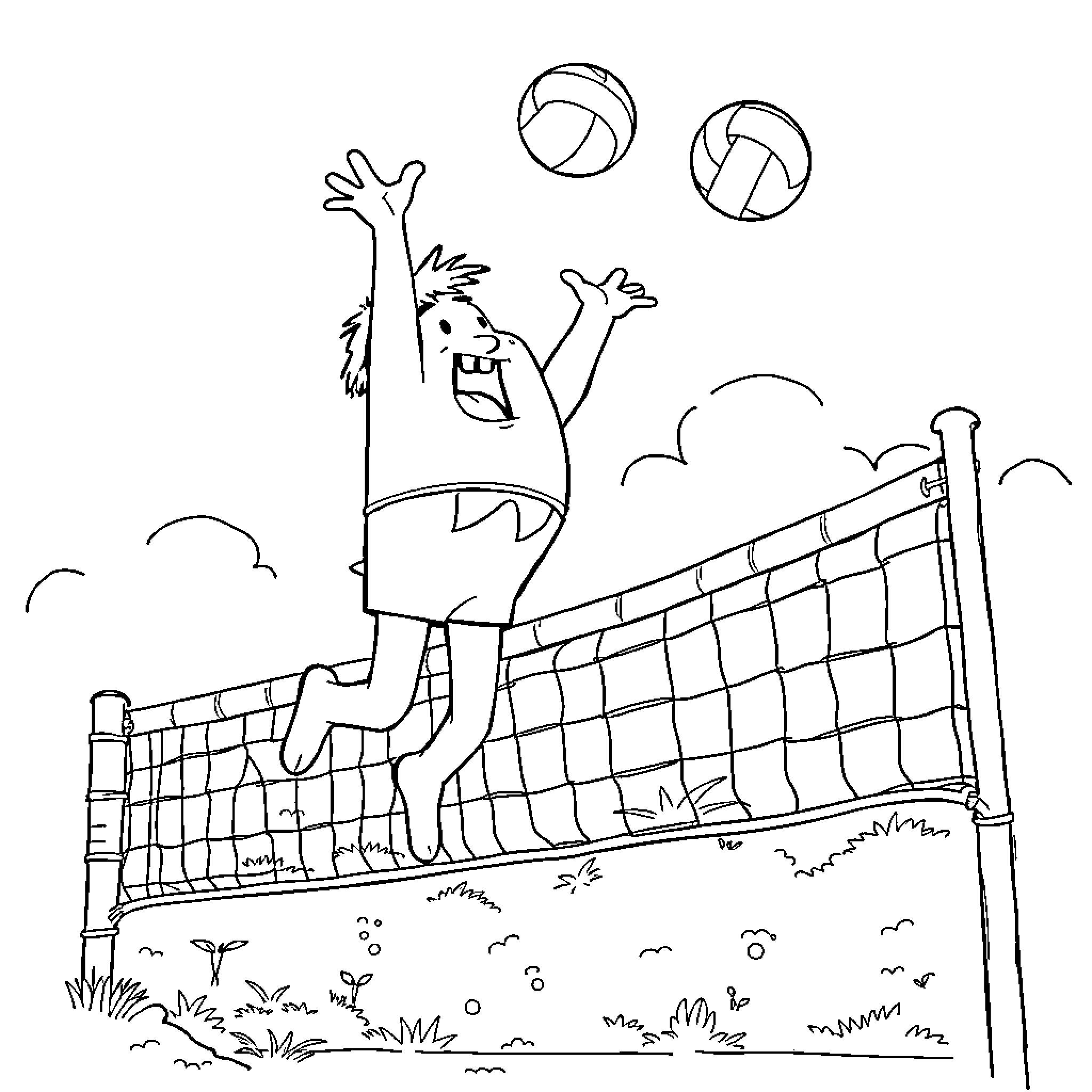 Captain Underpants Playing Volleyball on the Beach Coloring Page (free black-and-white line drawing printable PDF for all, from beginners to advanced learners, including children, teens, adults, and seniors)