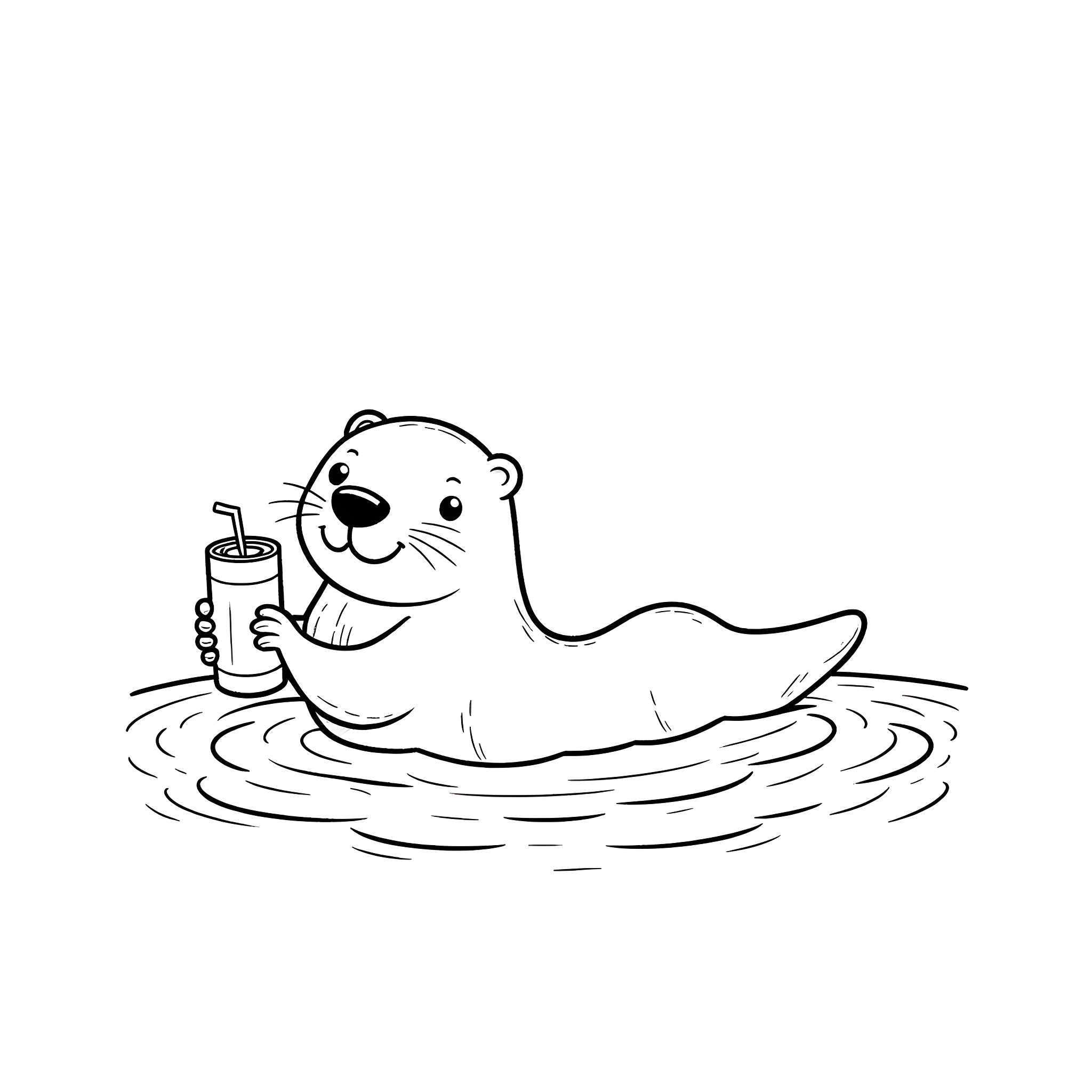 Otter relaxing with a refreshing drink Coloring Page (free black-and-white line drawing printable PDF for all, from beginners to advanced learners, including children, teens, adults, and seniors)