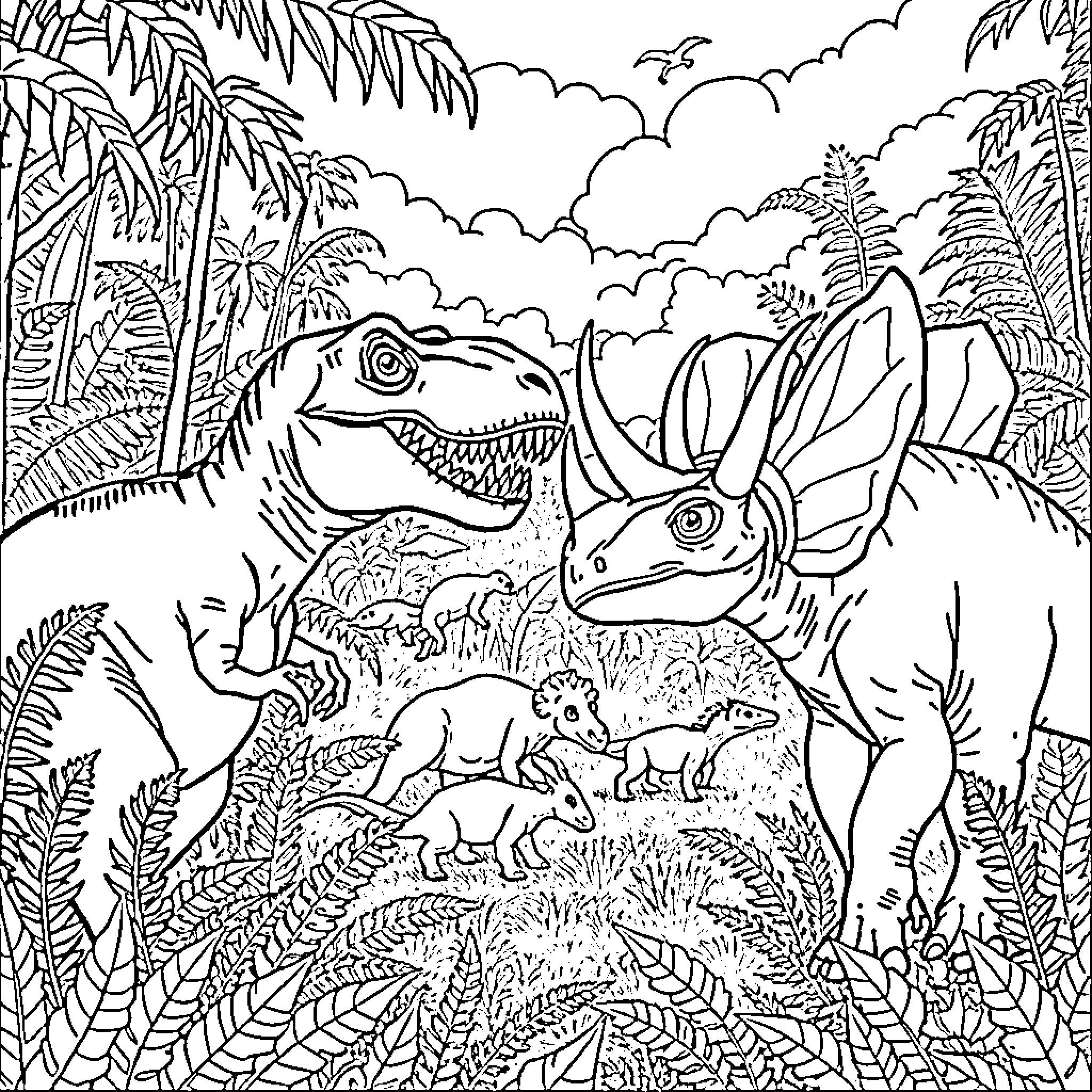 Dinosaur Family Exploring Lush Jungle Landscape Coloring Page (free black-and-white line drawing printable PDF for all, from beginners to advanced learners, including children, teens, adults, and seniors)