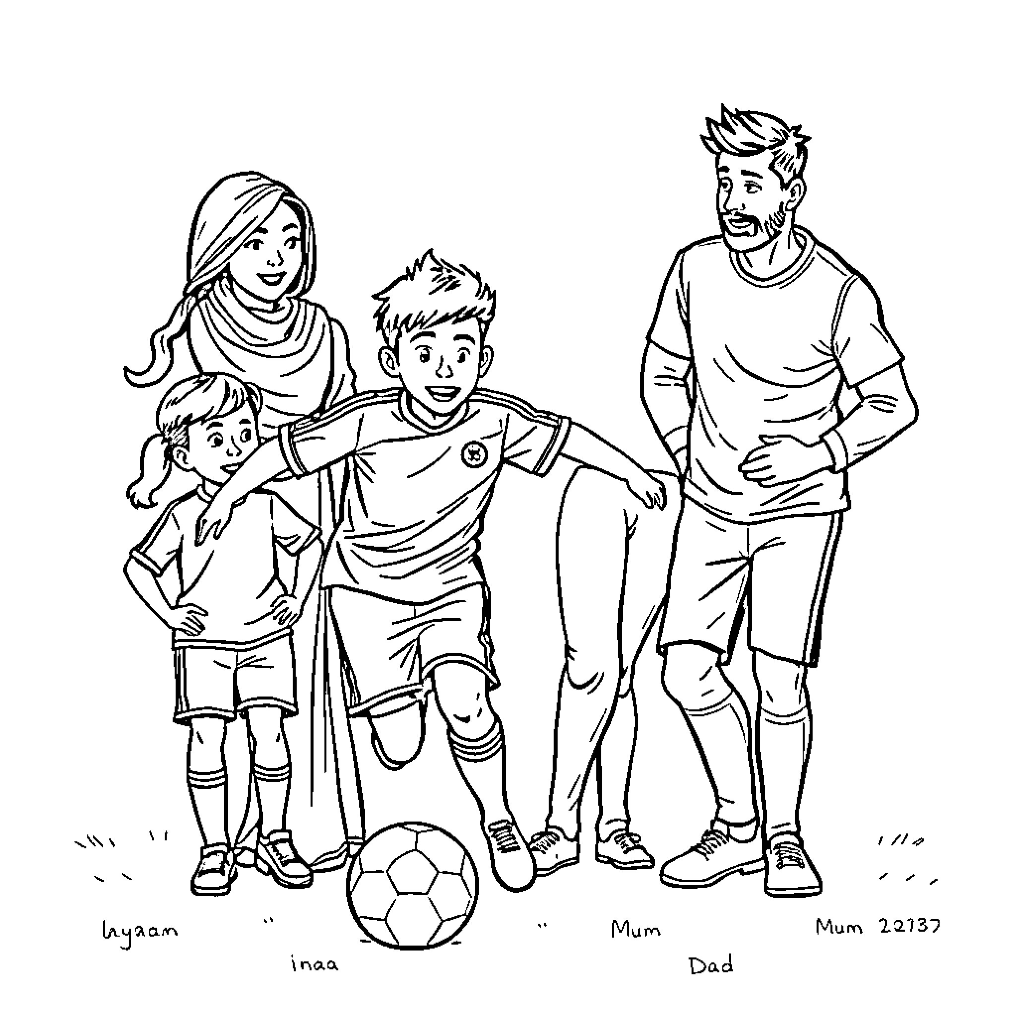 Football Family Fun with Spirited Play Coloring Page (free black-and-white line drawing printable PDF for all, from beginners to advanced learners, including children, teens, adults, and seniors)