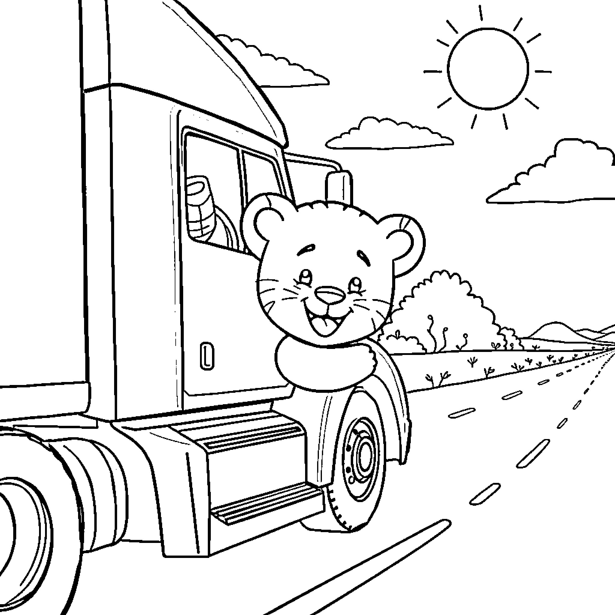 Daniel Tiger happily riding in a truck on the road Coloring Page (free black-and-white line drawing printable PDF for all, from beginners to advanced learners, including children, teens, adults, and seniors)
