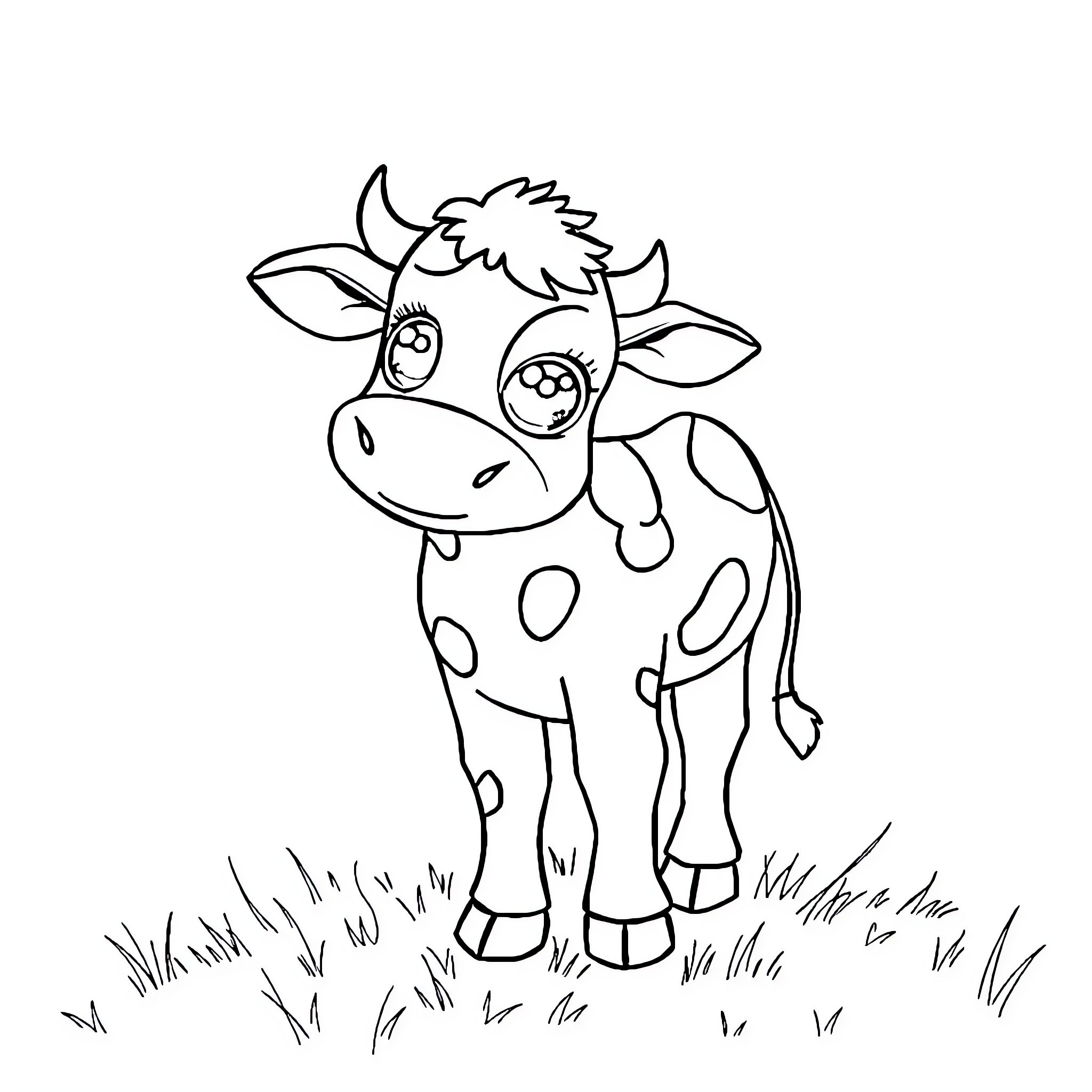 Cow with Playful Expression in Grassy Field Coloring Page (free black-and-white line drawing printable PDF for all, from beginners to advanced learners, including children, teens, adults, and seniors)