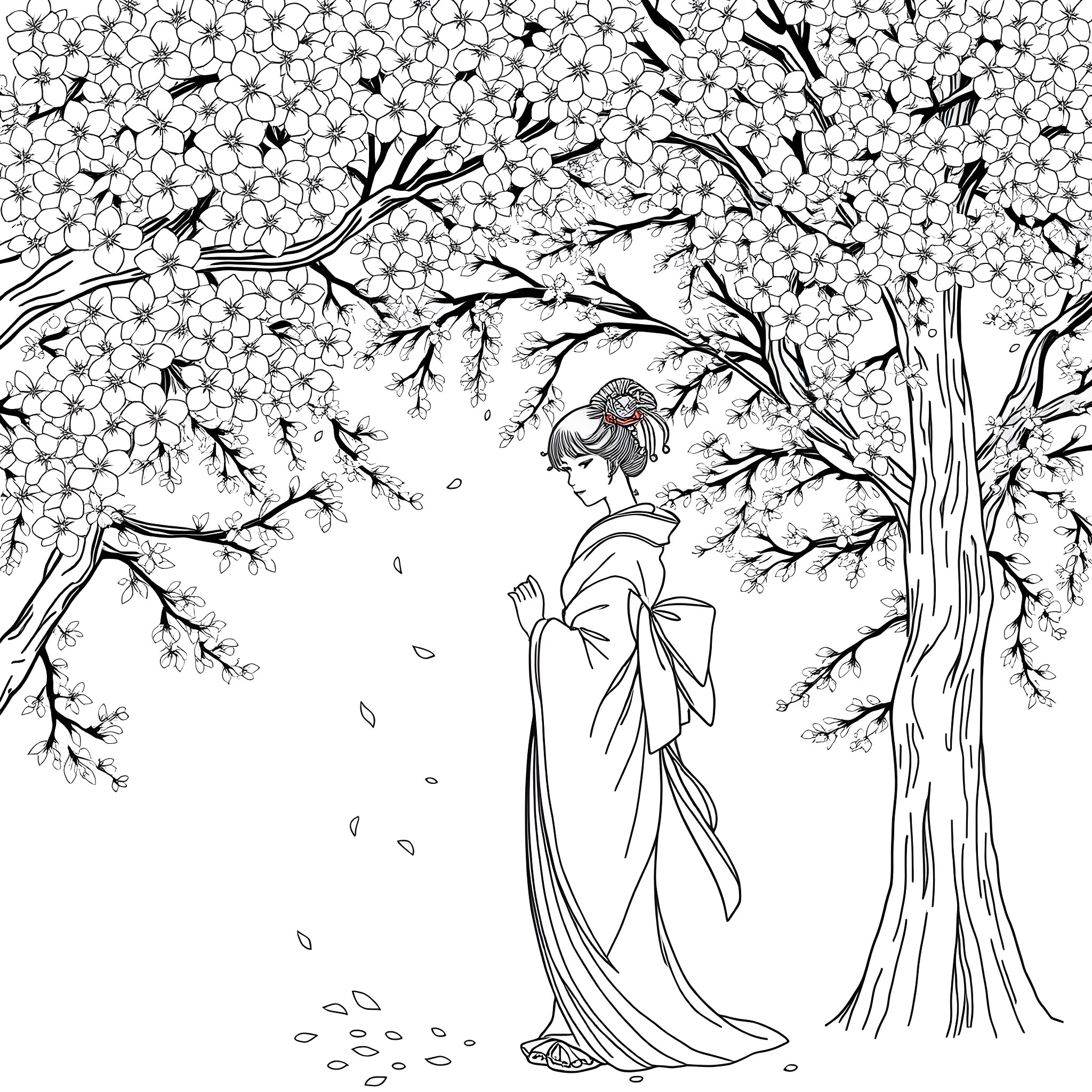Geisha admiring the beauty of blossoming trees Coloring Page (free black-and-white line drawing printable PDF for all, from beginners to advanced learners, including children, teens, adults, and seniors)