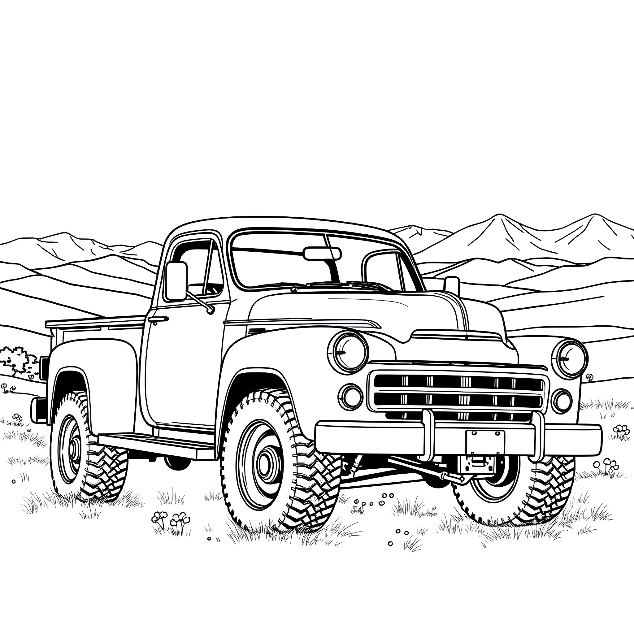 Truck in the mountains on the off-road trail Coloring Page (free black-and-white line drawing printable PDF for all, from beginners to advanced learners, including children, teens, adults, and seniors)