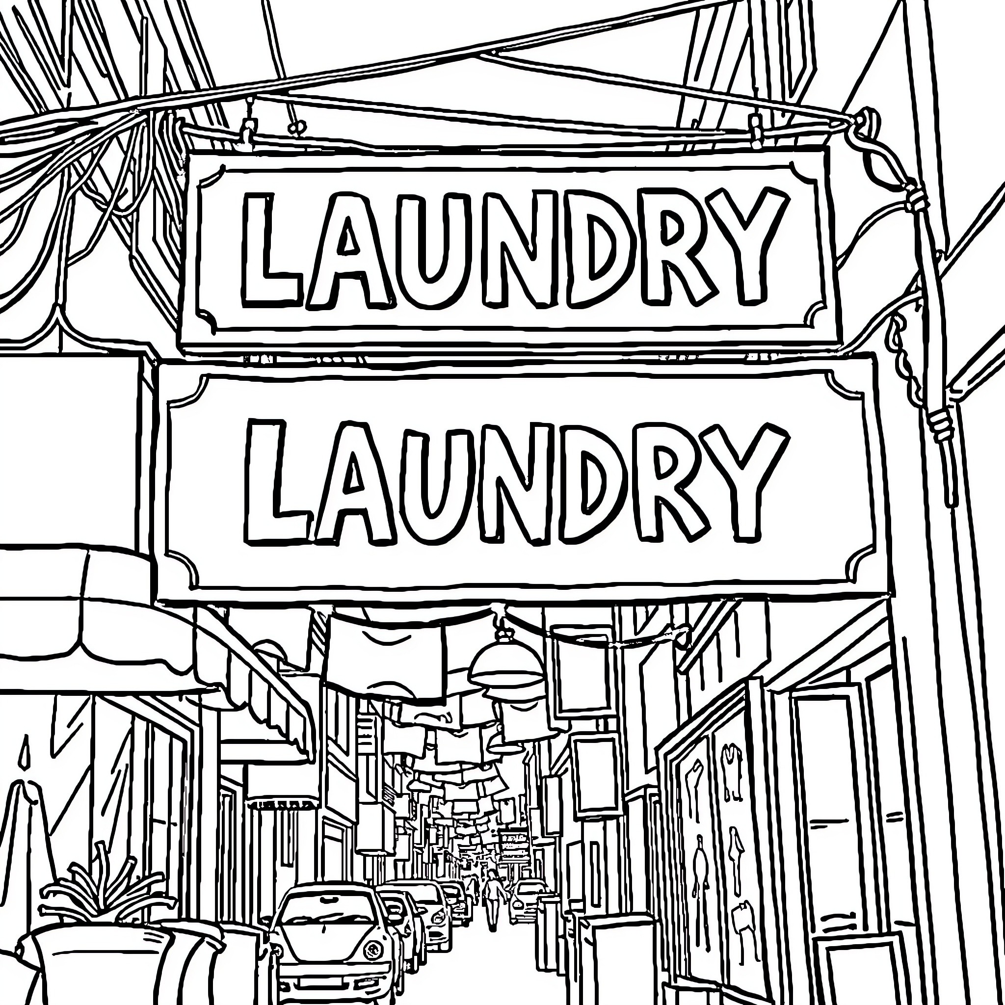 Laundry shop signs in a crowded city street Coloring Page (free black-and-white line drawing printable PDF for all, from beginners to advanced learners, including children, teens, adults, and seniors)