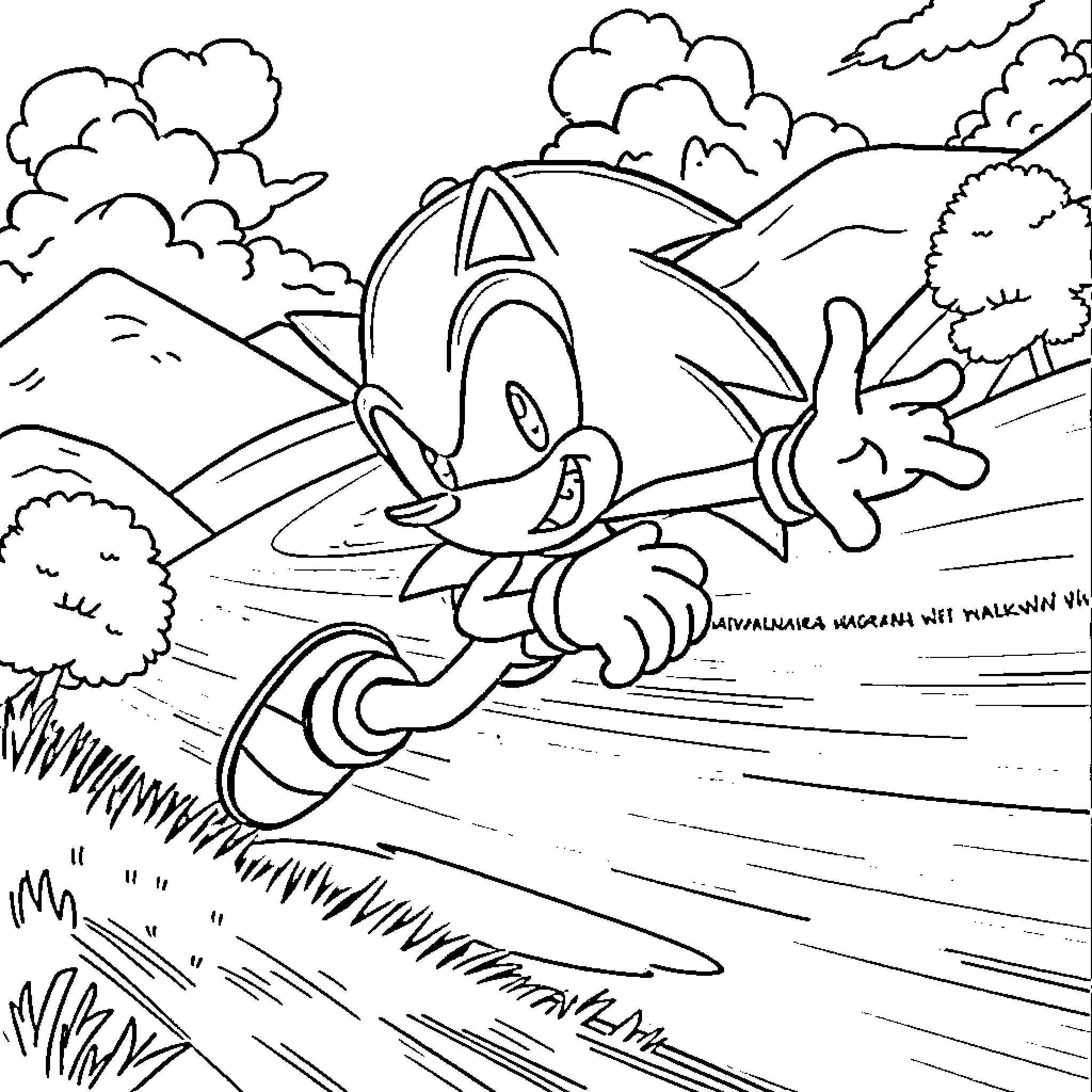 Sonic running swiftly through a scenic landscape Coloring Page (free black-and-white line drawing printable PDF for all, from beginners to advanced learners, including children, teens, adults, and seniors)