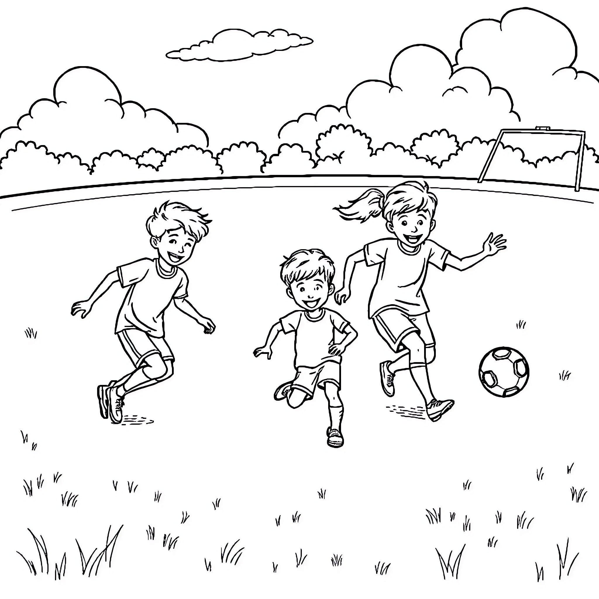 Kid playing soccer with friends in the park Coloring Page (free black-and-white line drawing printable PDF for all, from beginners to advanced learners, including children, teens, adults, and seniors)