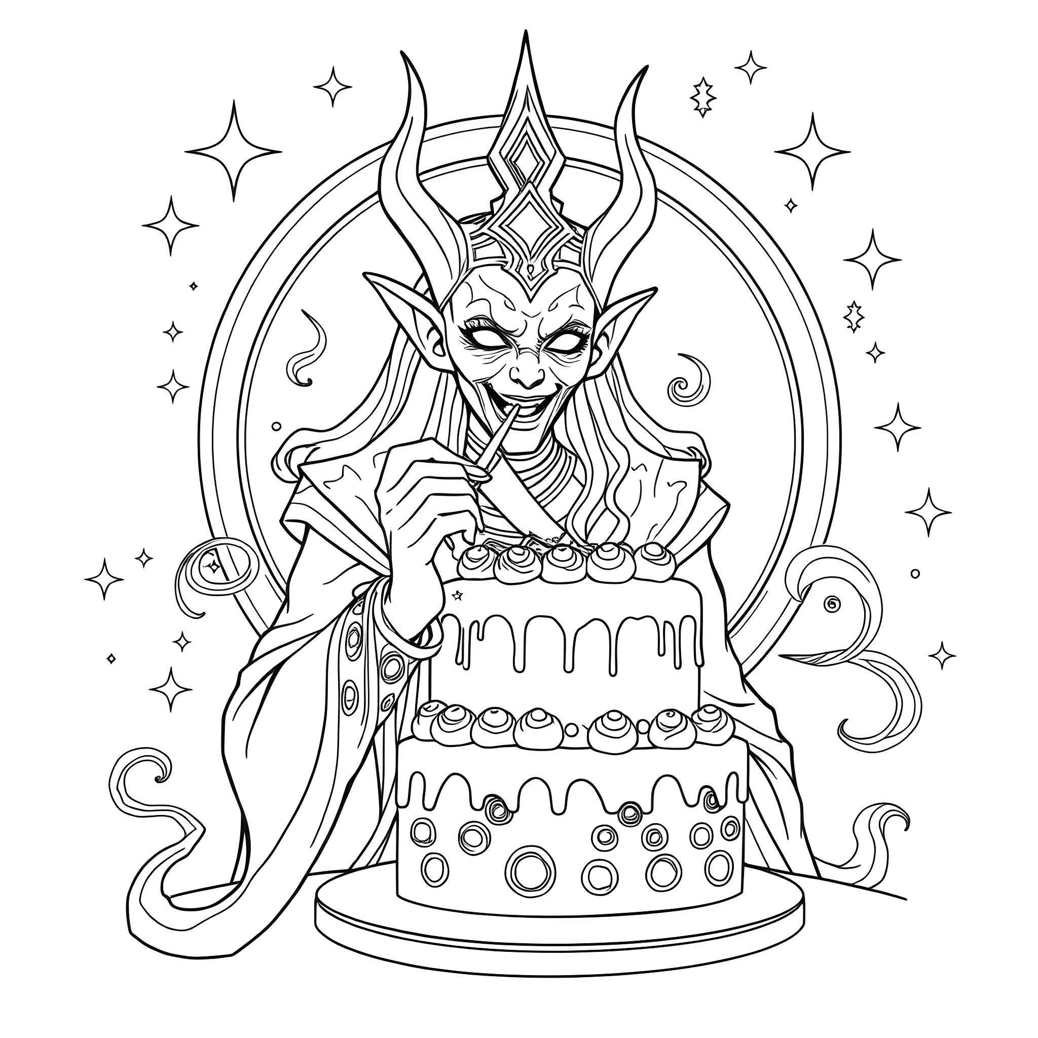 Alien Demon Preparing a Celestial Cake Coloring Page (free black-and-white line drawing printable PDF for all, from beginners to advanced learners, including children, teens, adults, and seniors)