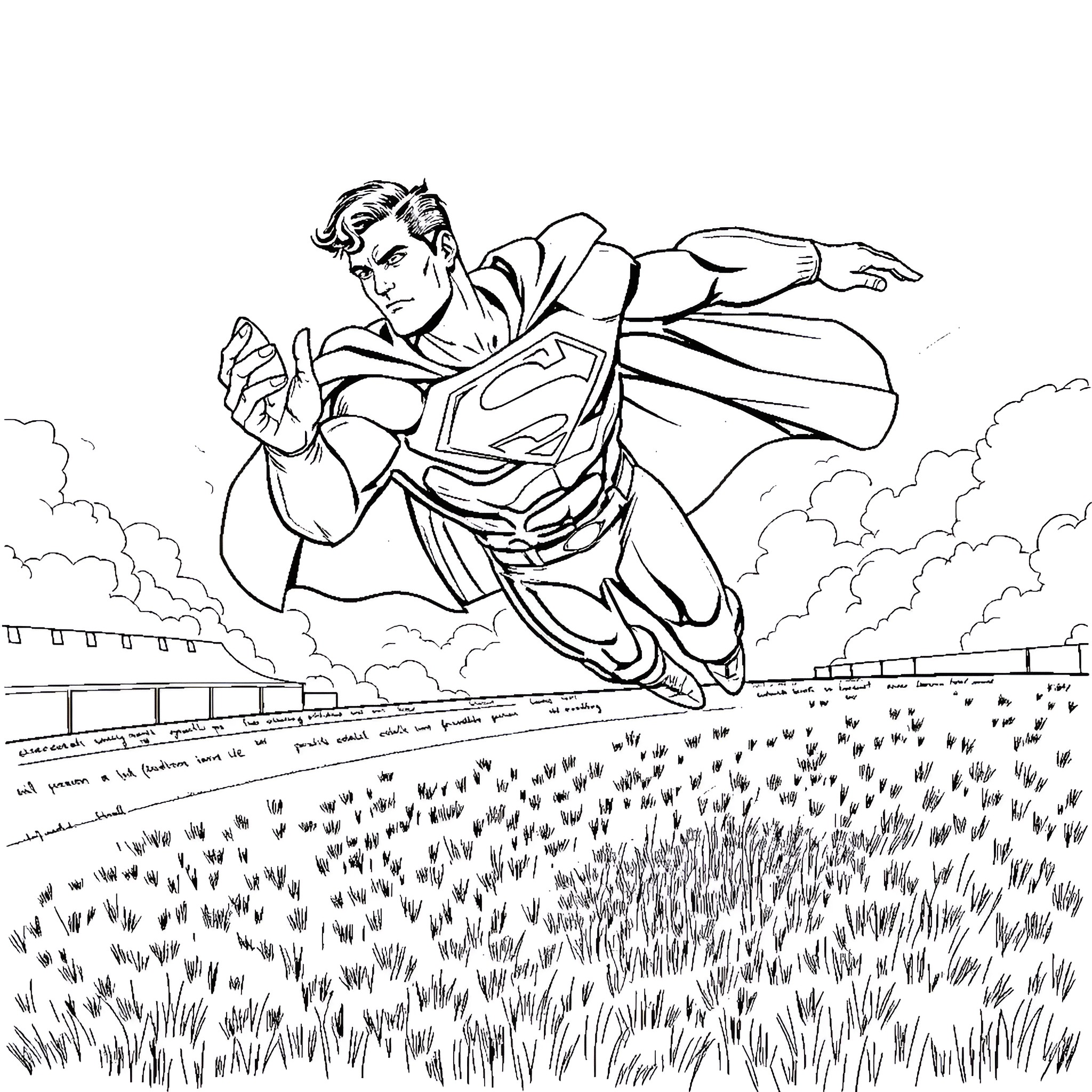 Superman soaring through the sky with determination Coloring Page (free black-and-white line drawing printable PDF for all, from beginners to advanced learners, including children, teens, adults, and seniors)