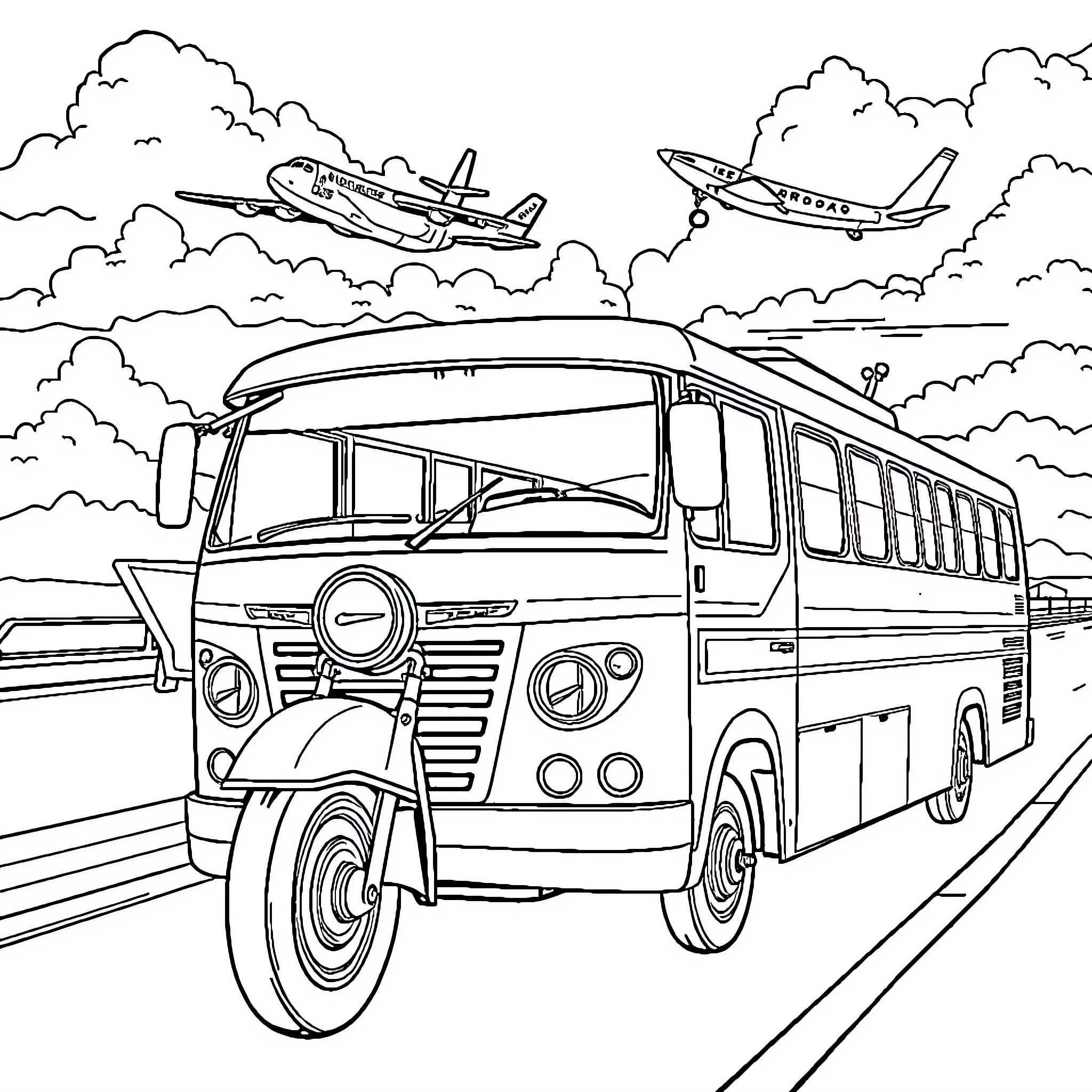 Transport of passengers and planes in the sky Coloring Page (free black-and-white line drawing printable PDF for all, from beginners to advanced learners, including children, teens, adults, and seniors)