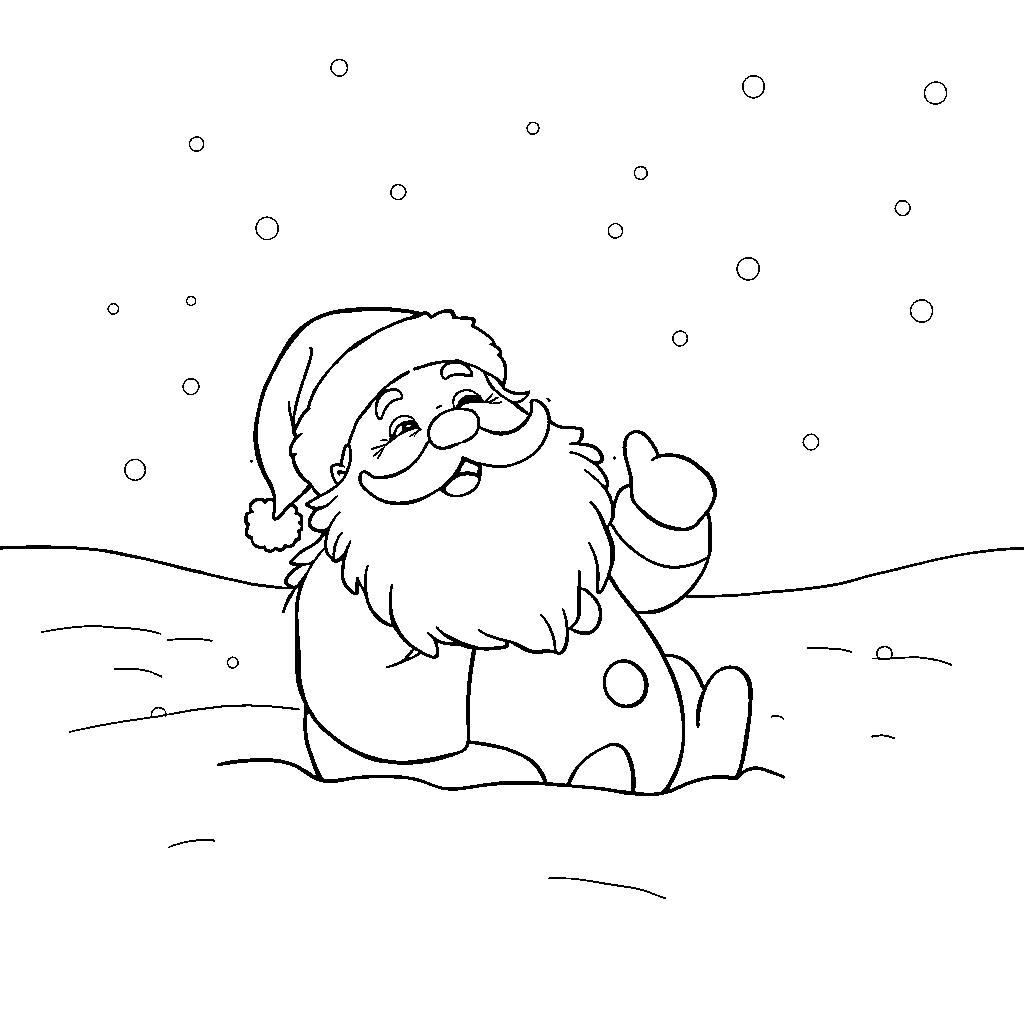 Santa enjoying the snowy landscape Coloring Page (free black-and-white line drawing printable PDF for all, from beginners to advanced learners, including children, teens, adults, and seniors)