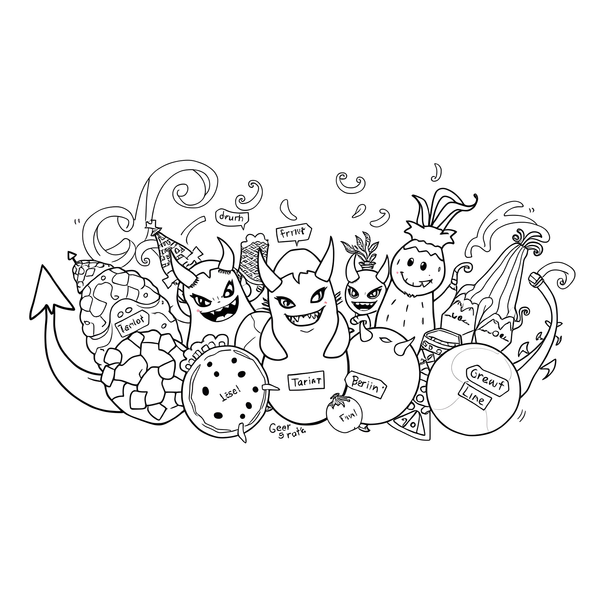 Devil Fruit Characters Gathered with Expressions and Outfits Coloring Page (free black-and-white line drawing printable PDF for all, from beginners to advanced learners, including children, teens, adults, and seniors)