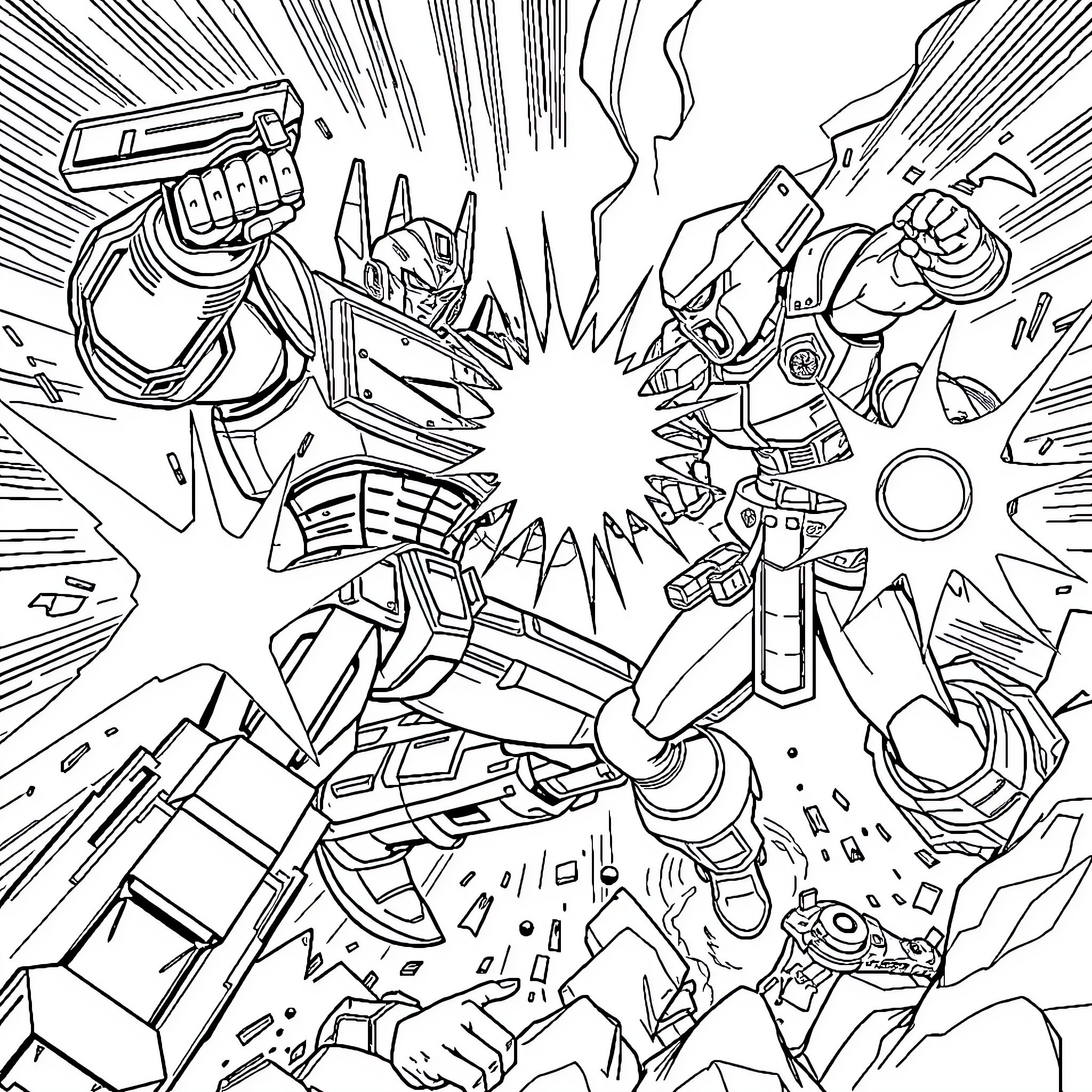 Megatron's Explosive Clash with Heroic Transformers Coloring Page (free black-and-white line drawing printable PDF for all, from beginners to advanced learners, including children, teens, adults, and seniors)