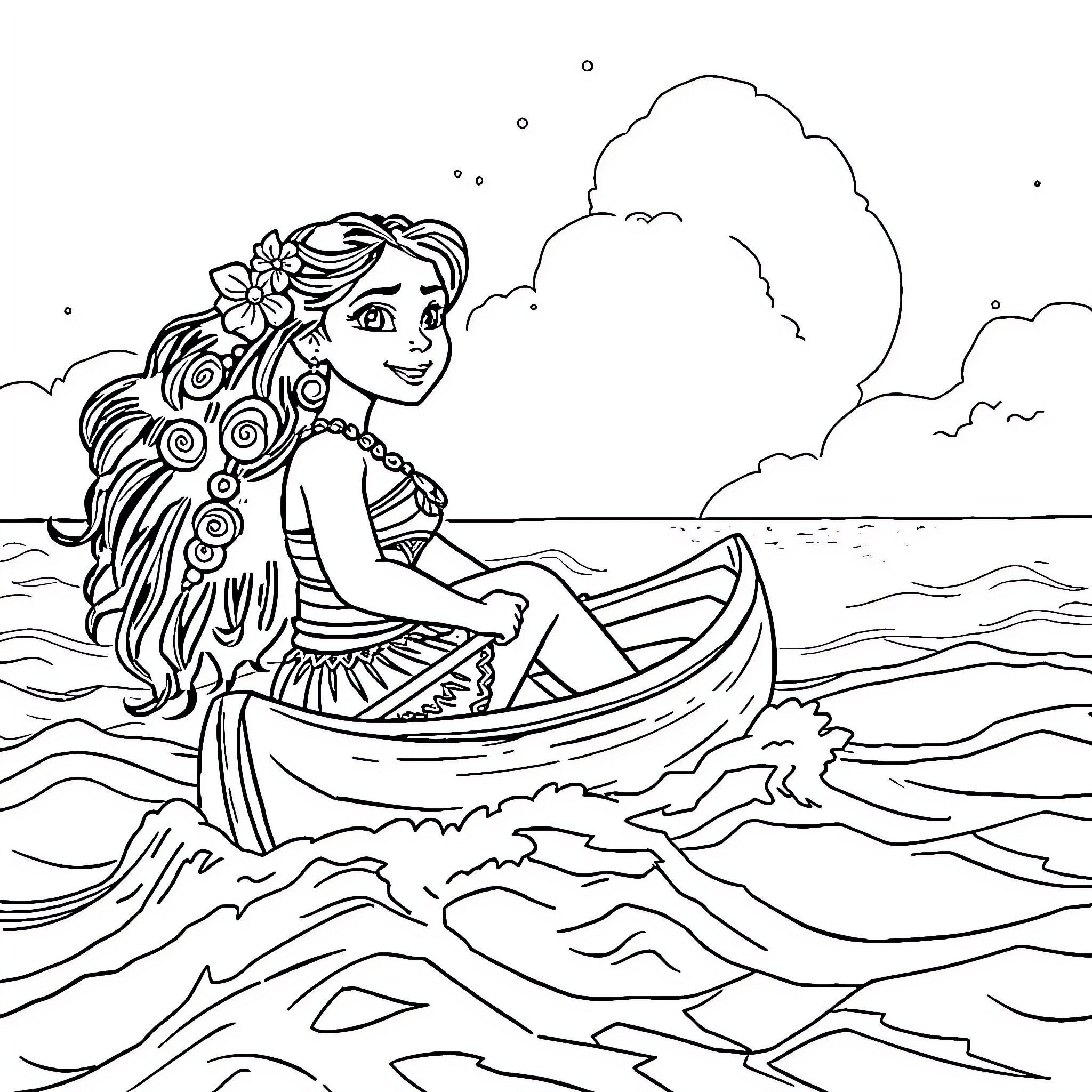 Moana sailing her boat on the ocean Coloring Page (free black-and-white line drawing printable PDF for all, from beginners to advanced learners, including children, teens, adults, and seniors)