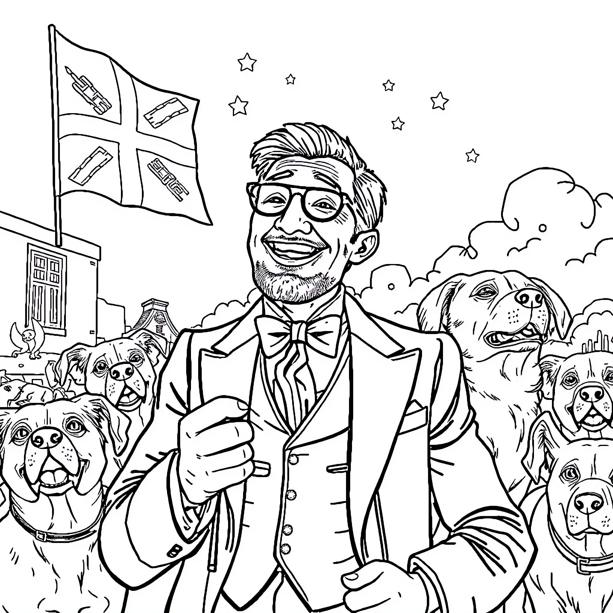 Dom and his Cheerful Companions in a Lively Cityscape Coloring Page (free black-and-white line drawing printable PDF for all, from beginners to advanced learners, including children, teens, adults, and seniors)
