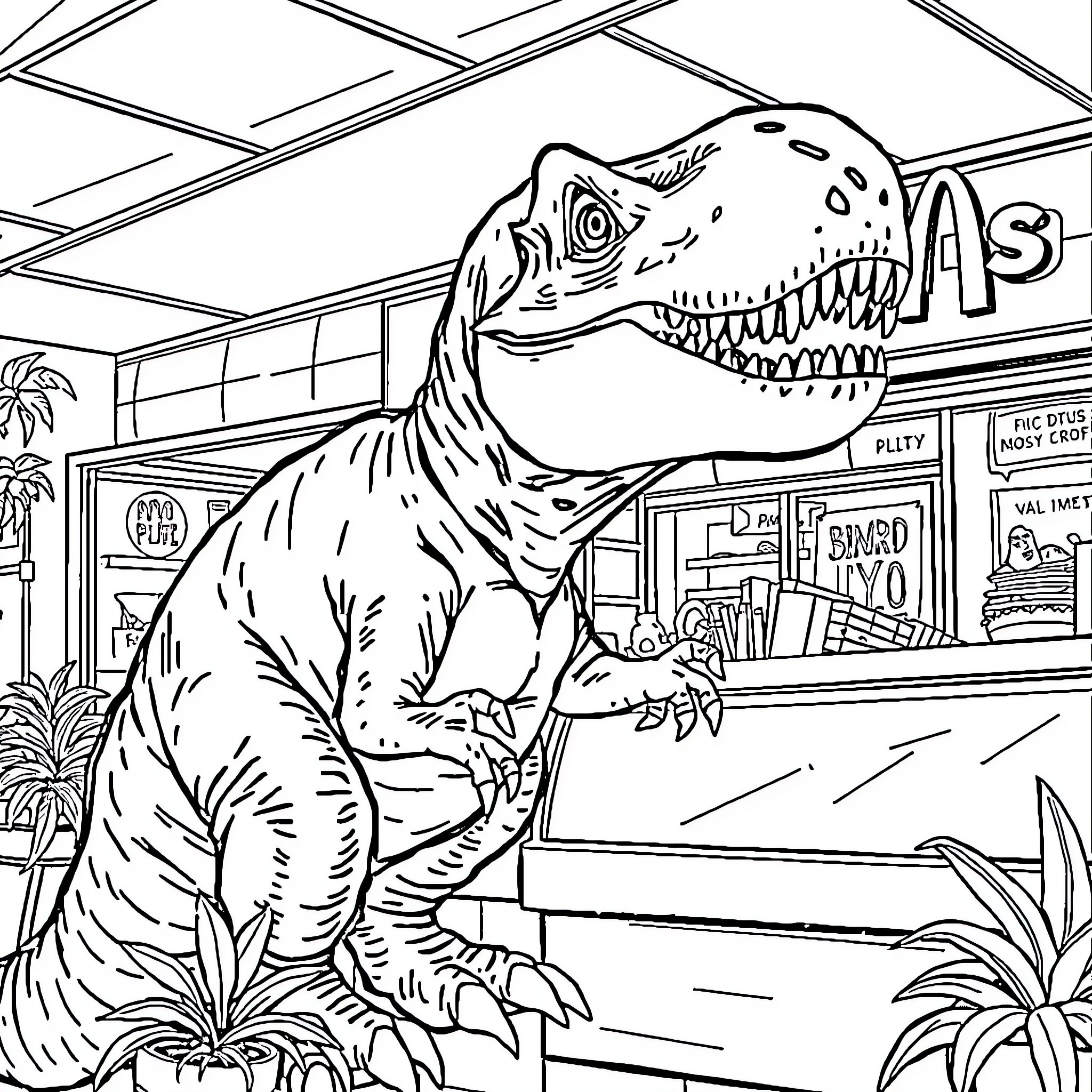 Tyrannosaurus Exploring a Souvenir Shop Coloring Page (free black-and-white line drawing printable PDF for all, from beginners to advanced learners, including children, teens, adults, and seniors)