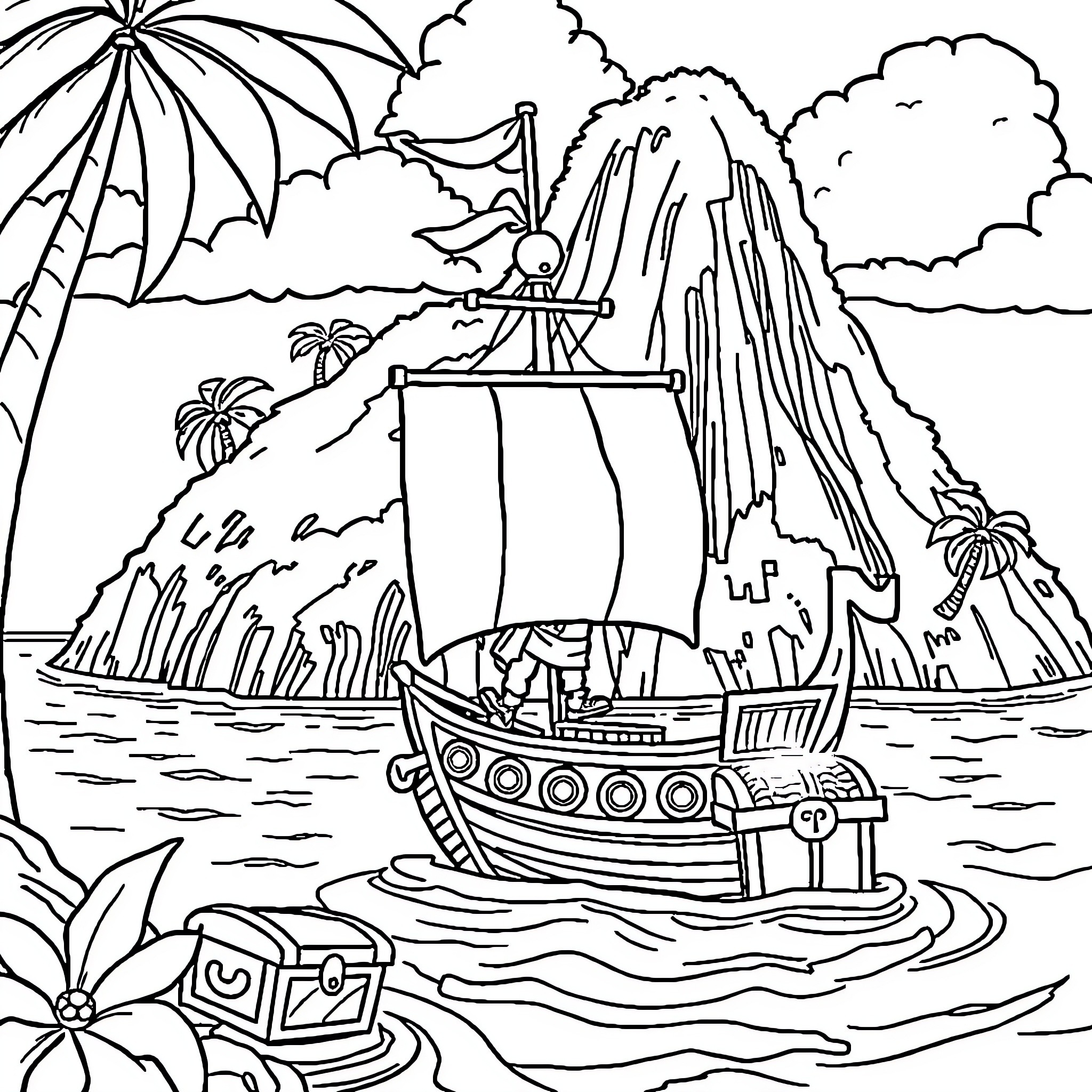 Santiago's Tropical Adventure on the High Seas Coloring Page (free black-and-white line drawing printable PDF for all, from beginners to advanced learners, including children, teens, adults, and seniors)