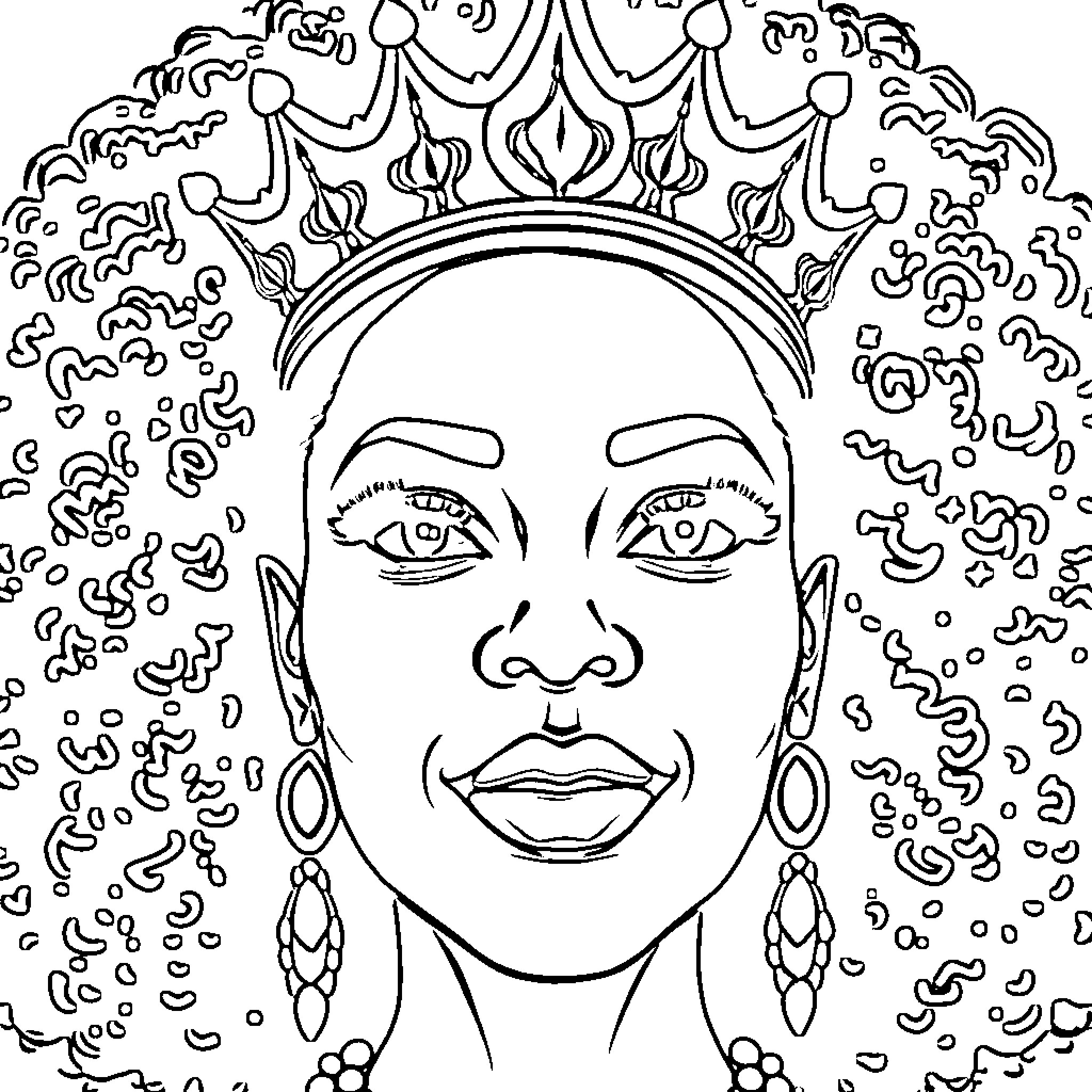 Woman in Decorative Headpiece Coloring Page (free black-and-white line drawing printable PDF for all, from beginners to advanced learners, including children, teens, adults, and seniors)