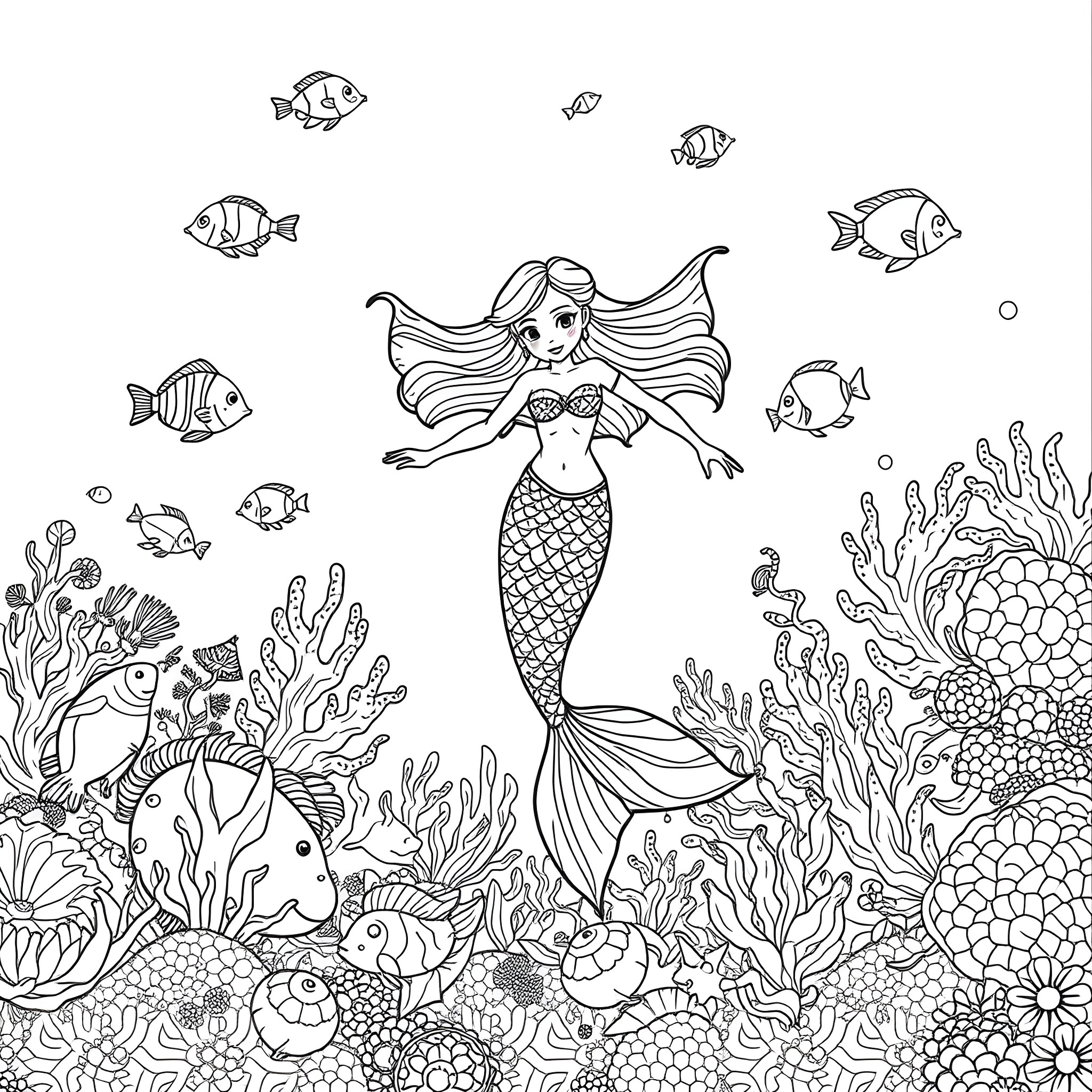Mermaid swimming among colorful marine life Coloring Page (free black-and-white line drawing printable PDF for all, from beginners to advanced learners, including children, teens, adults, and seniors)