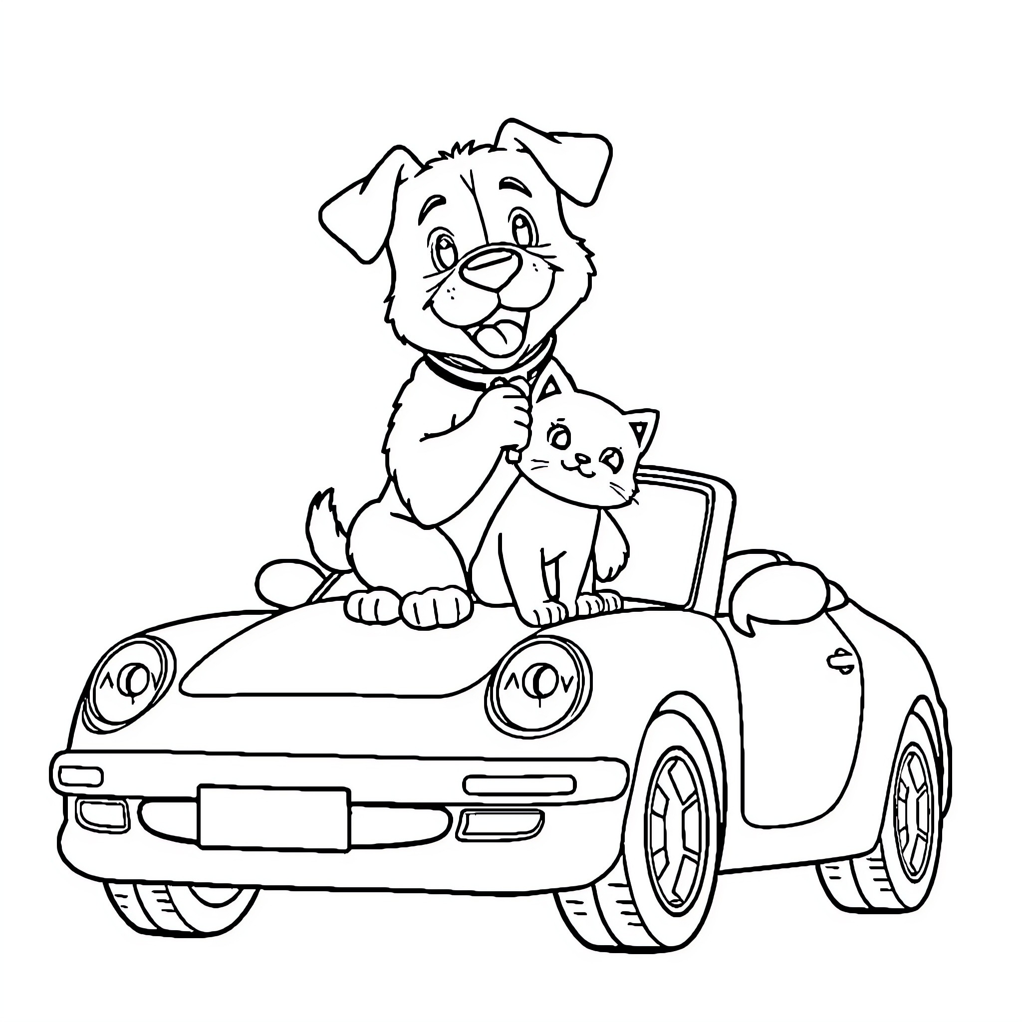 Doggy and Kitty Riding in Sports Car Coloring Page (free black-and-white line drawing printable PDF for all, from beginners to advanced learners, including children, teens, adults, and seniors)