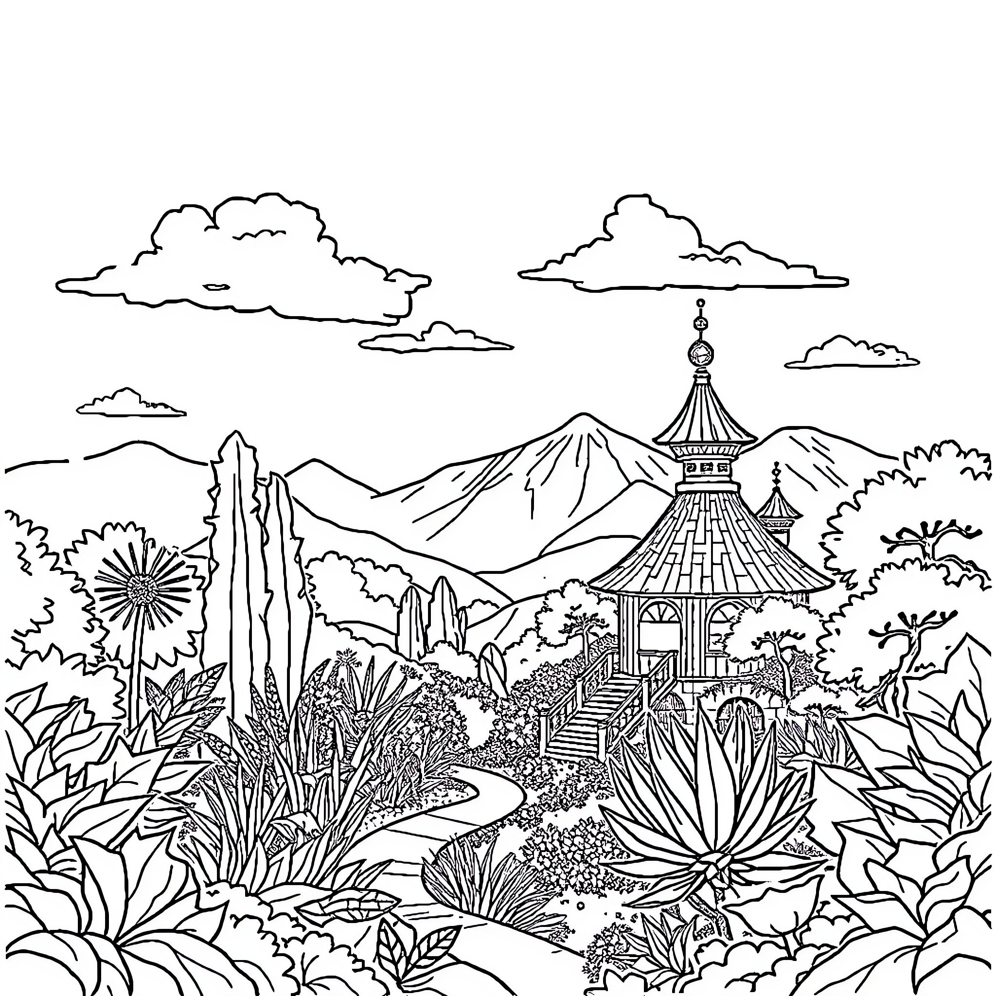 Banban's Serene Mountain Garden Retreat Coloring Page (free black-and-white line drawing printable PDF for all, from beginners to advanced learners, including children, teens, adults, and seniors)