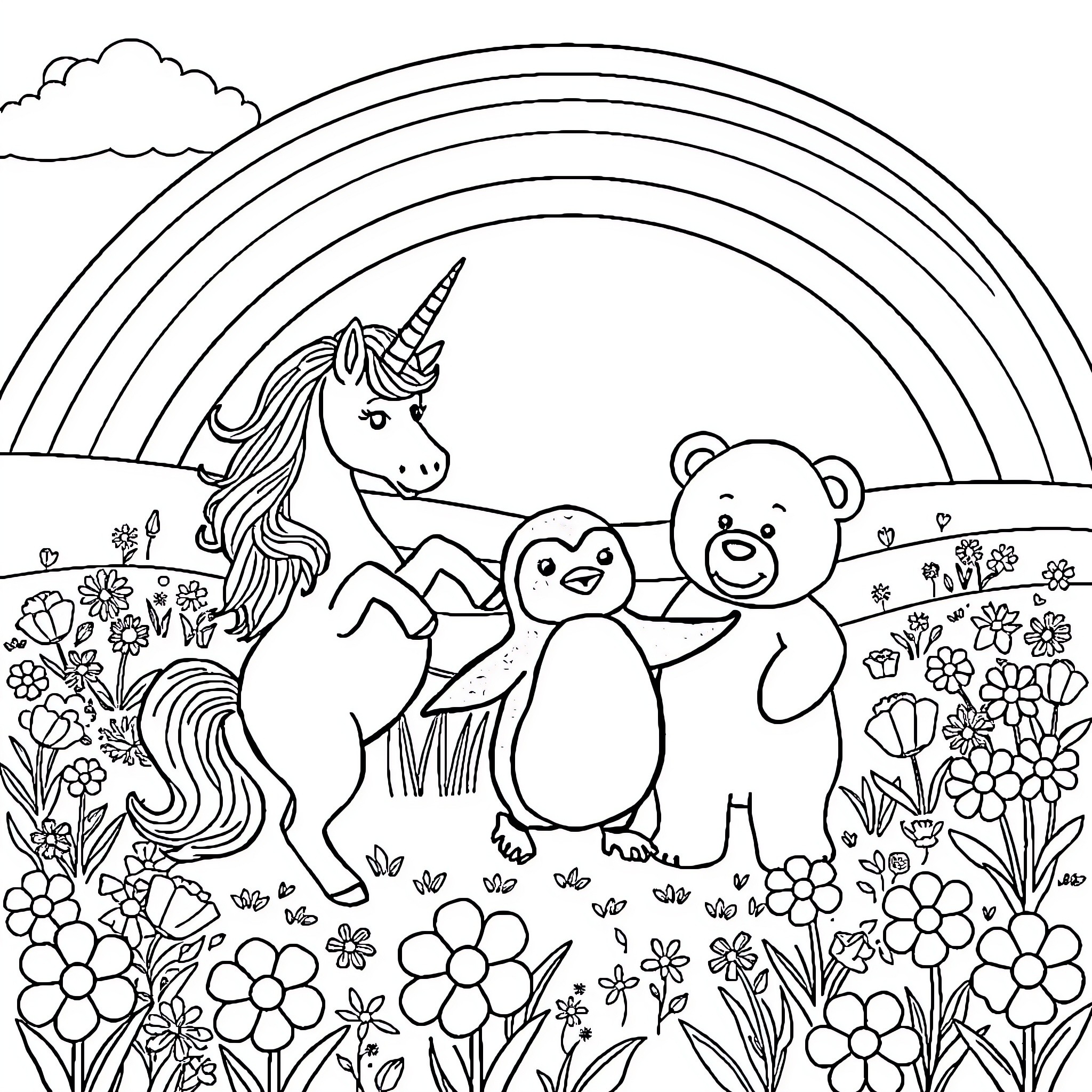 Unicorn frolicking with adorable animal friends in enchanting meadow Coloring Page (free black-and-white line drawing printable PDF for all, from beginners to advanced learners, including children, teens, adults, and seniors)