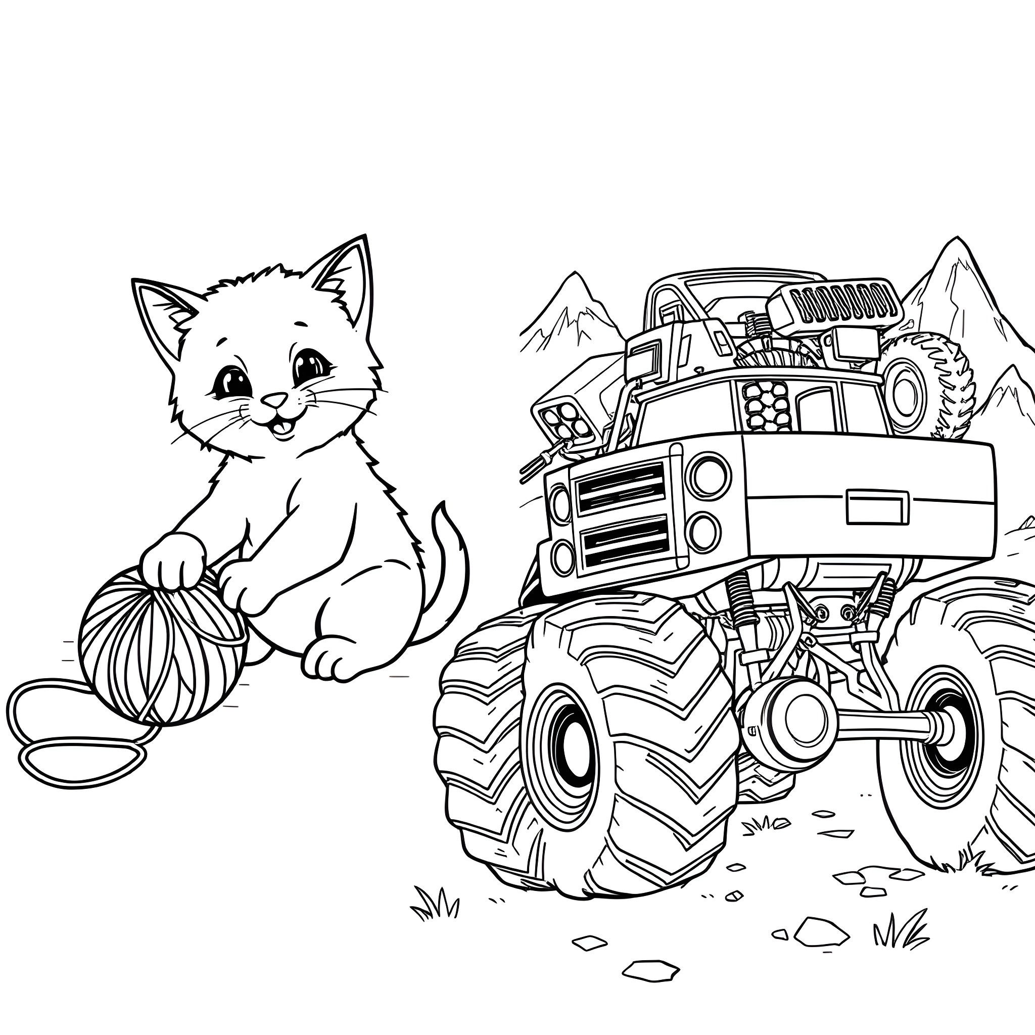 Square Adorable Kitten and Rugged Monster Truck Coloring Page (free black-and-white line drawing printable PDF for all, from beginners to advanced learners, including children, teens, adults, and seniors)