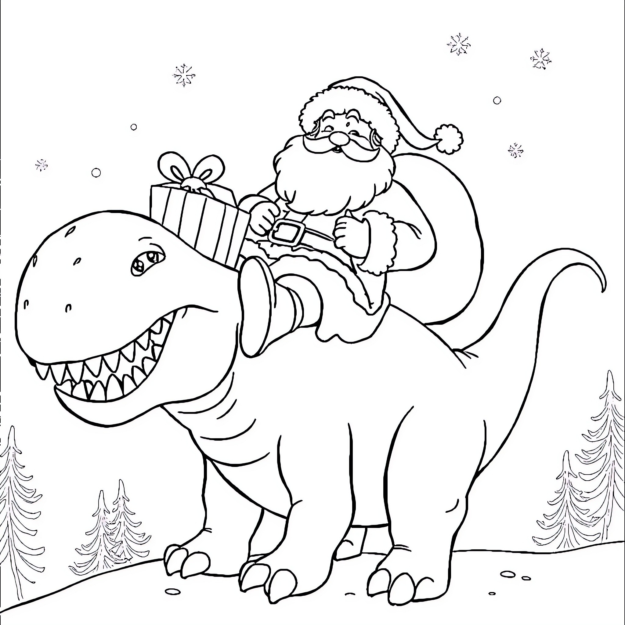 Santa Claus riding a dinosaur with gifts Coloring Page (free black-and-white line drawing printable PDF for all, from beginners to advanced learners, including children, teens, adults, and seniors)