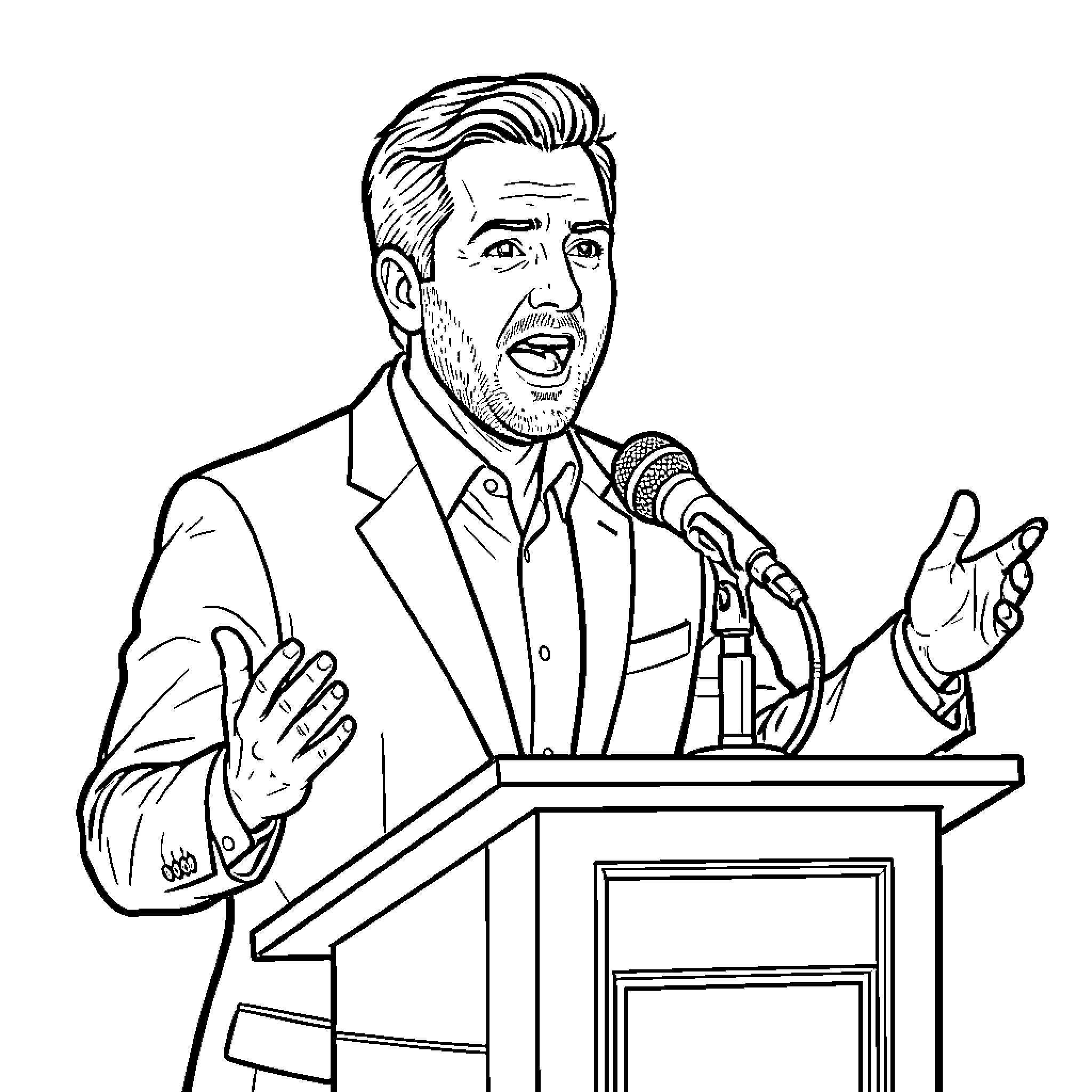 Ben Shapiro speaking passionately behind a podium Coloring Page (free black-and-white line drawing printable PDF for all, from beginners to advanced learners, including children, teens, adults, and seniors)