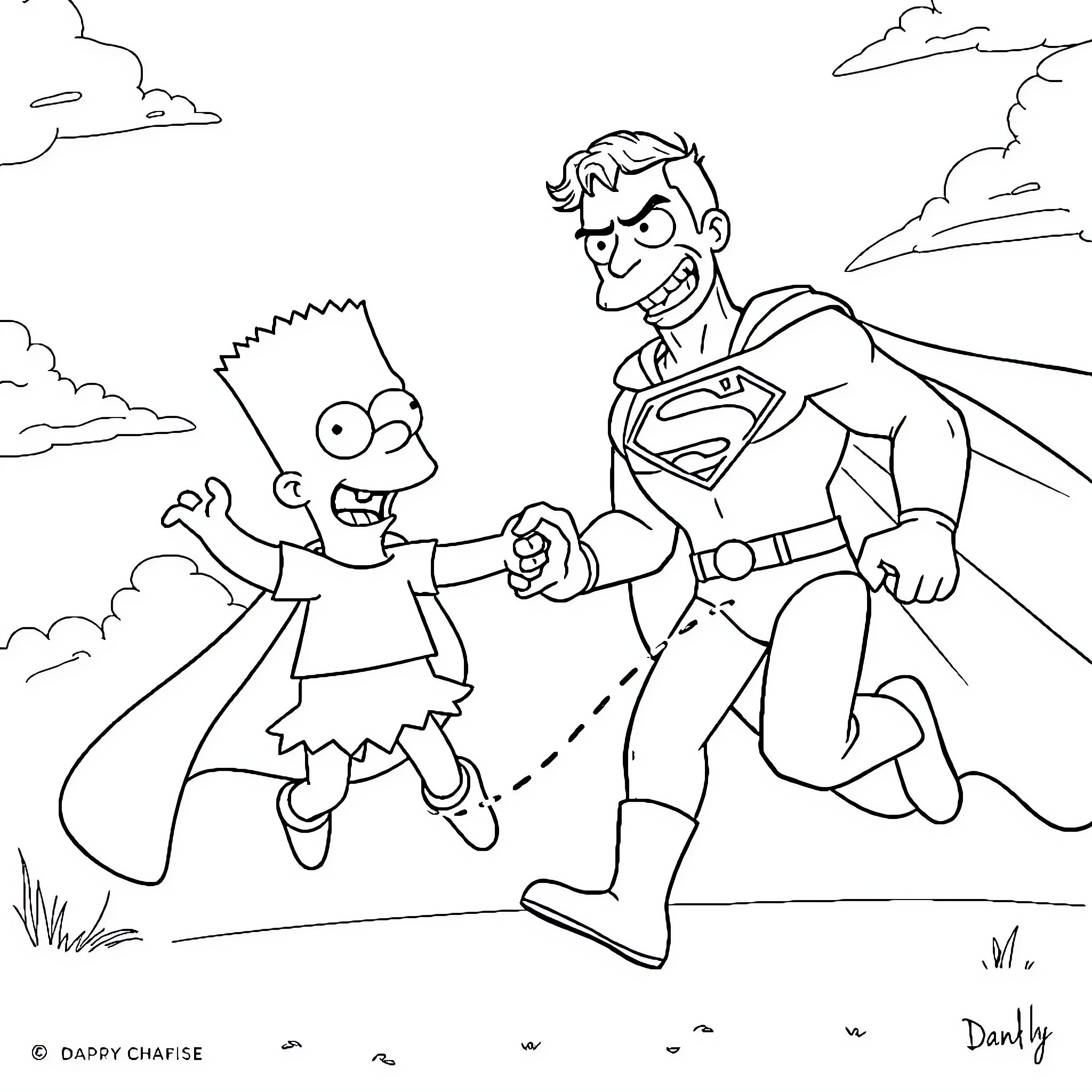 Bart meets Superman in an outdoor scene Coloring Page (free black-and-white line drawing printable PDF for all, from beginners to advanced learners, including children, teens, adults, and seniors)