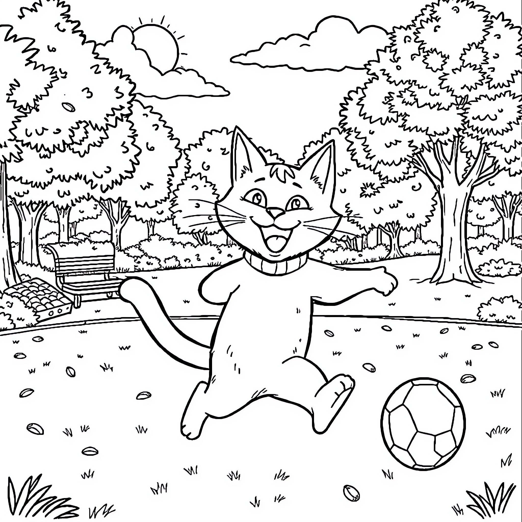 Pete the Cat Happily Kicking a Soccer Ball in the Park Coloring Page (free black-and-white line drawing printable PDF for all, from beginners to advanced learners, including children, teens, adults, and seniors)