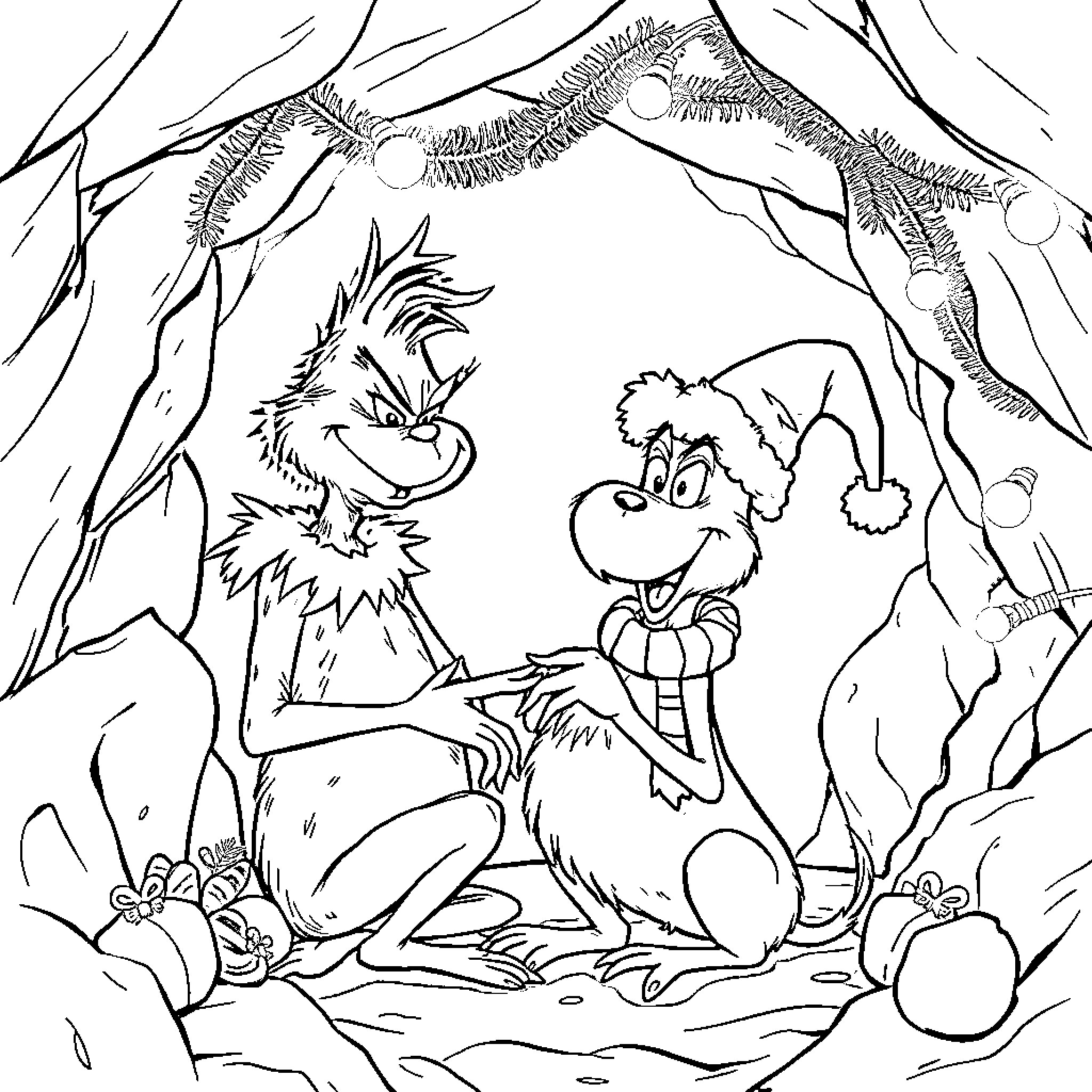 Grinch and dog in a snowy forest Coloring Page (free black-and-white line drawing printable PDF for all, from beginners to advanced learners, including children, teens, adults, and seniors)