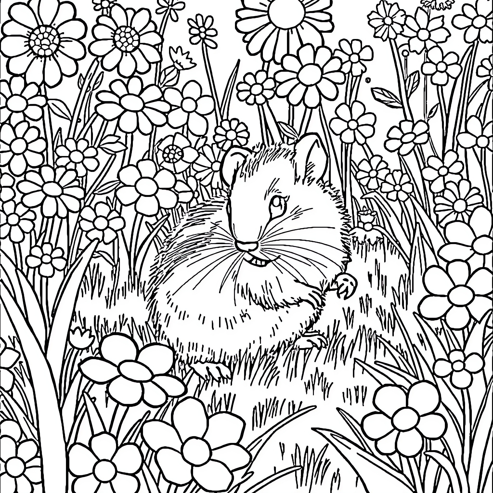 Gerbil enjoying a flower-filled meadow Coloring Page (free black-and-white line drawing printable PDF for all, from beginners to advanced learners, including children, teens, adults, and seniors)