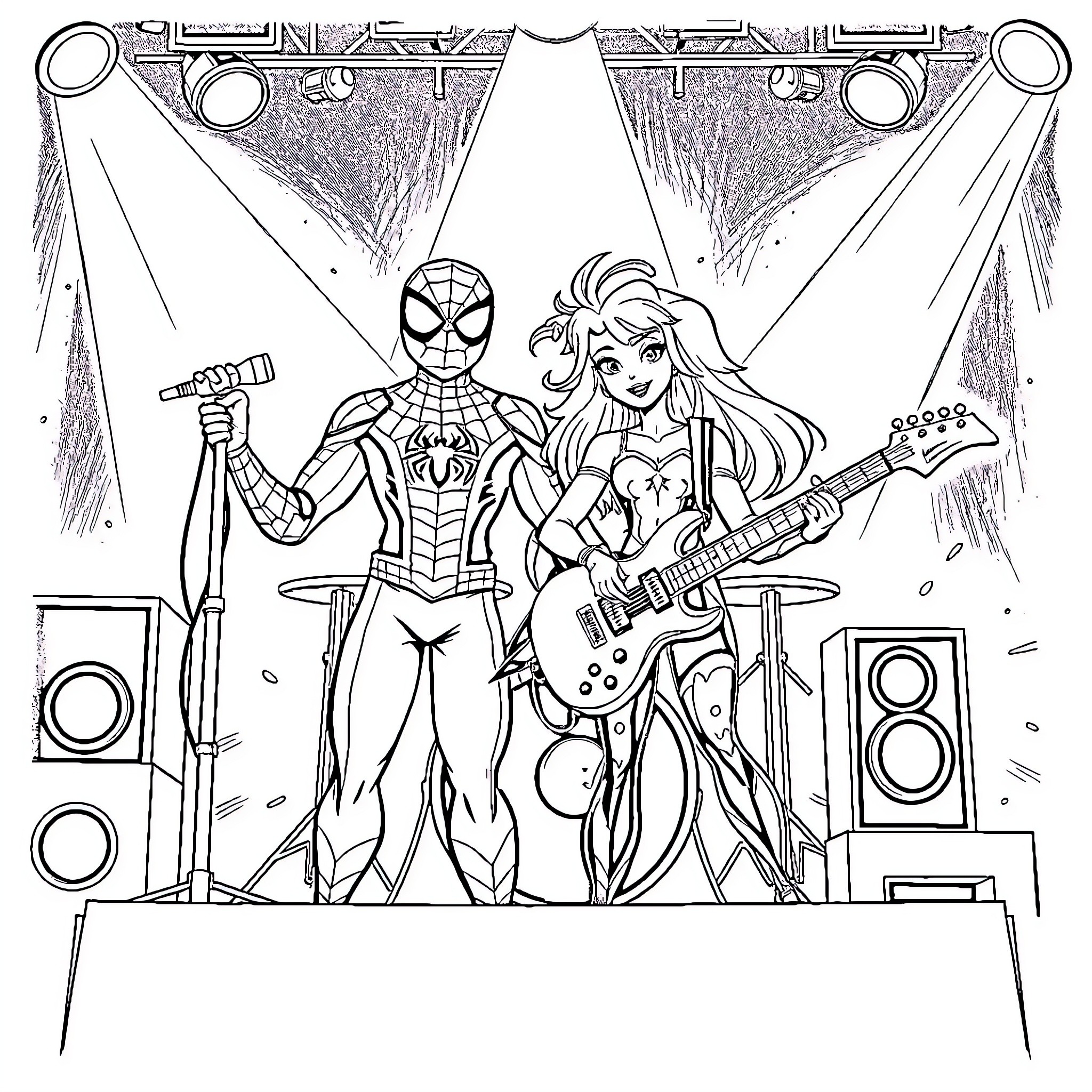 Spiderman and guitar-playing musician on stage Coloring Page (free black-and-white line drawing printable PDF for all, from beginners to advanced learners, including children, teens, adults, and seniors)