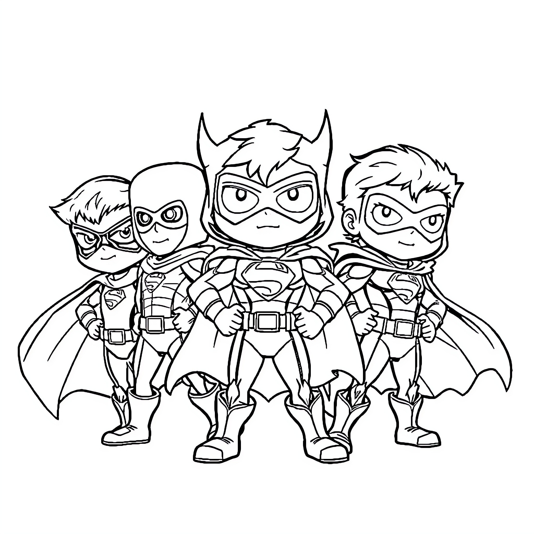Force of Heroic Superheroes in Costumes Coloring Page (free black-and-white line drawing printable PDF for all, from beginners to advanced learners, including children, teens, adults, and seniors)