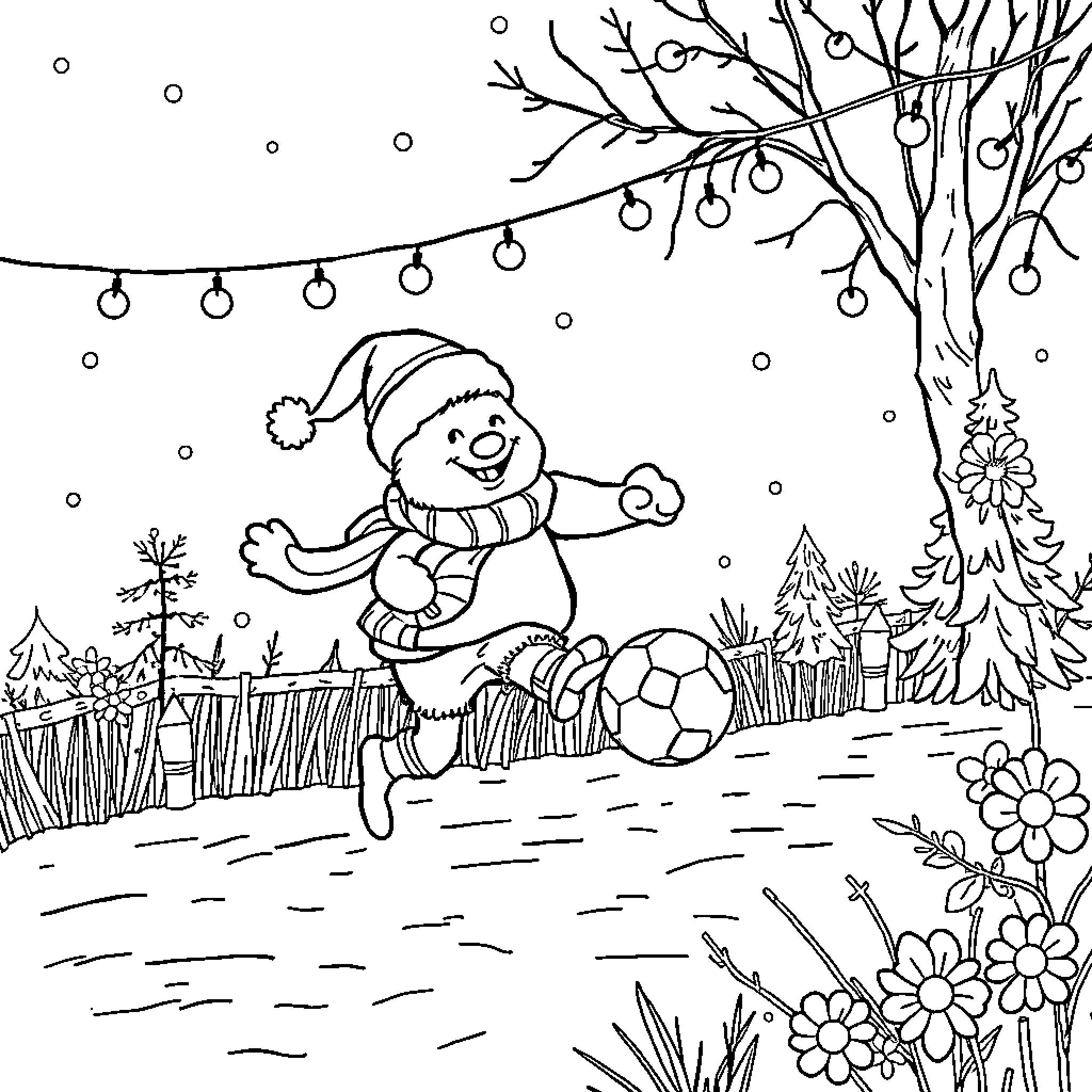 Christmas Gnome playing with soccer ball in winter wonderland Coloring Page (free black-and-white line drawing printable PDF for all, from beginners to advanced learners, including children, teens, adults, and seniors)