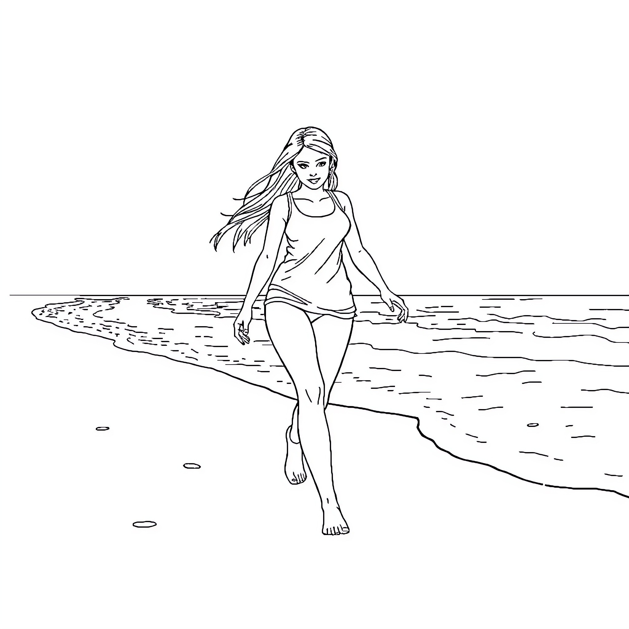 Android 18 enjoying a serene beach stroll Coloring Page (free black-and-white line drawing printable PDF for all, from beginners to advanced learners, including children, teens, adults, and seniors)