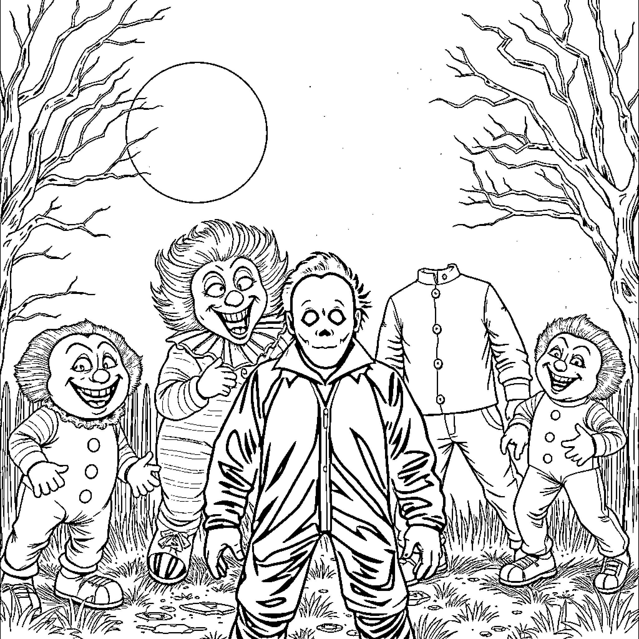 Killer Klown Mischievous Antics in the Moonlit Forest Coloring Page (free black-and-white line drawing printable PDF for all, from beginners to advanced learners, including children, teens, adults, and seniors)