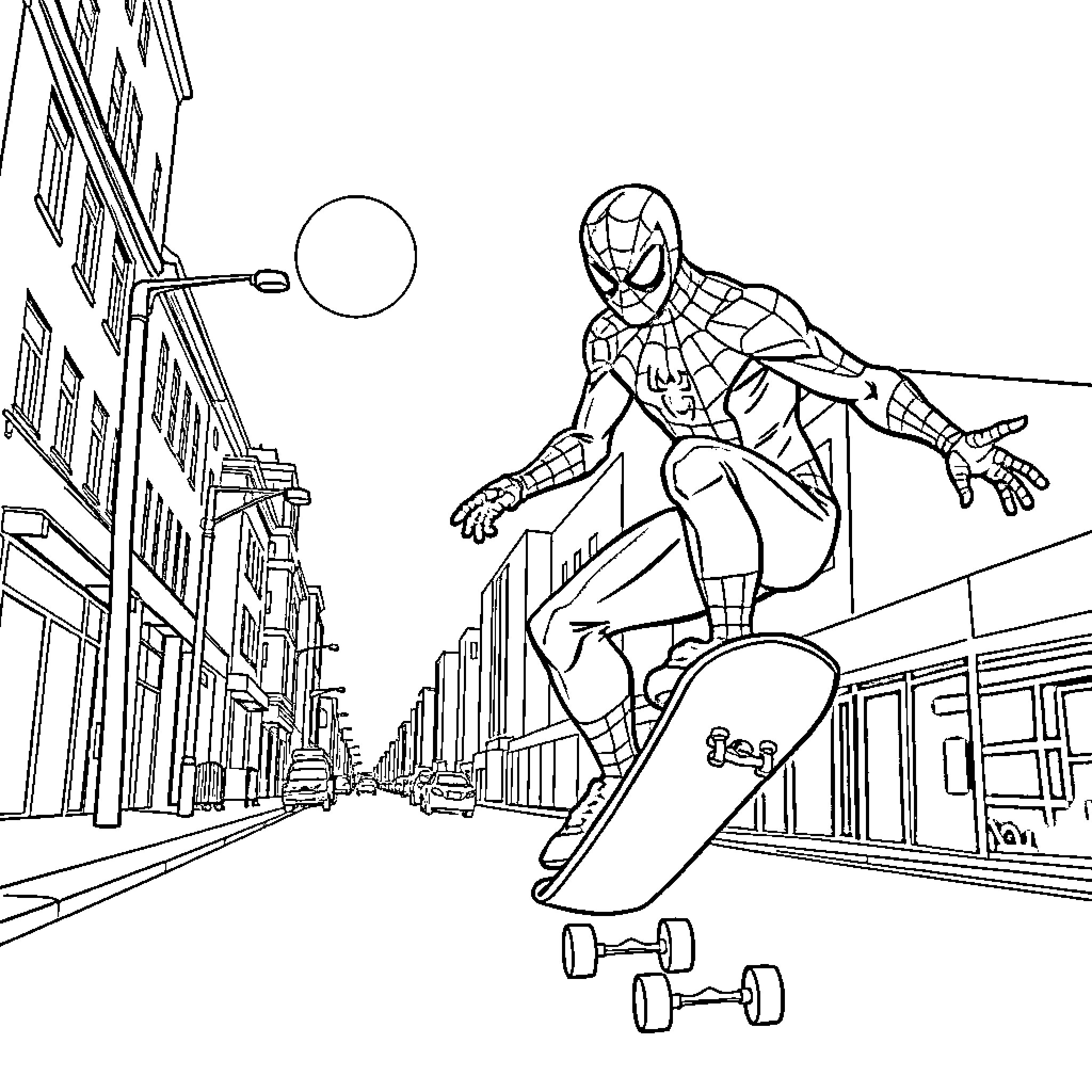 Spiderman swinging through the city on a skateboard Coloring Page (free black-and-white line drawing printable PDF for all, from beginners to advanced learners, including children, teens, adults, and seniors)