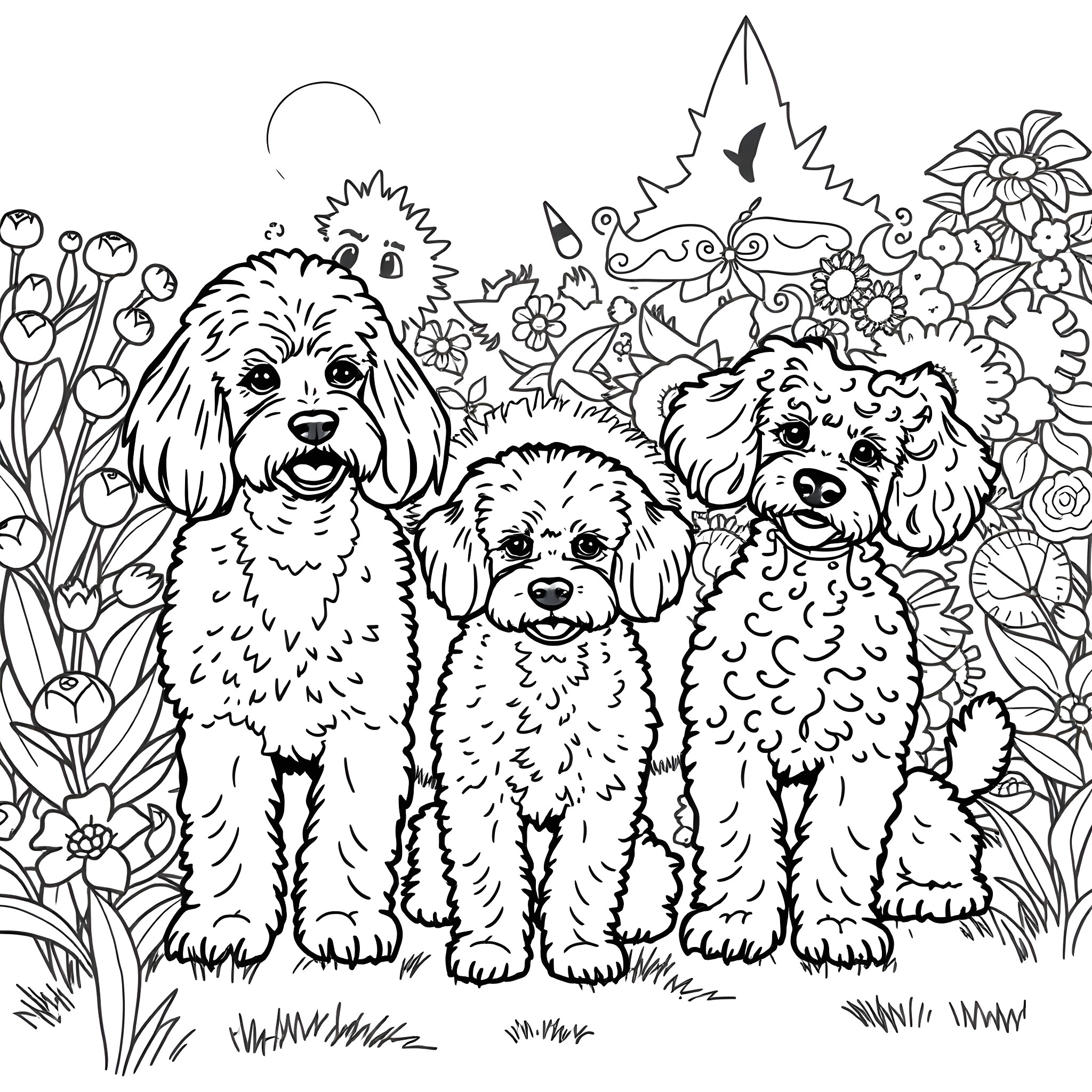 Maltese Poodle trio playing in a flower garden Coloring Page (free black-and-white line drawing printable PDF for all, from beginners to advanced learners, including children, teens, adults, and seniors)