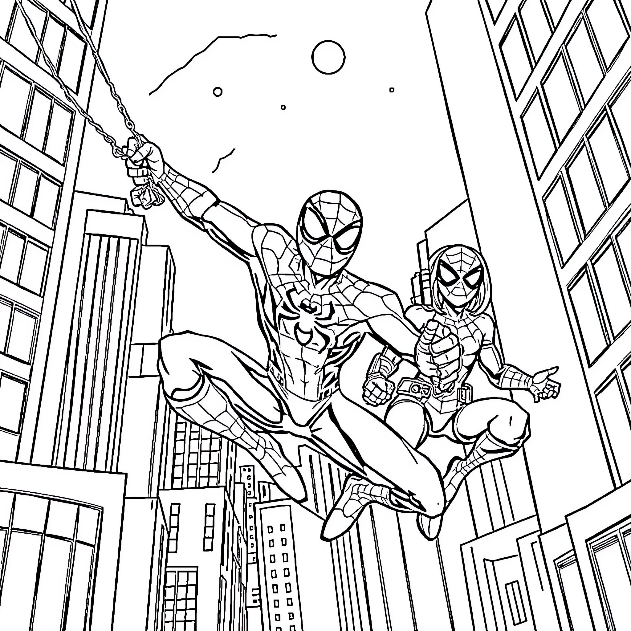 Spidey duo swinging through the city skyline Coloring Page (free black-and-white line drawing printable PDF for all, from beginners to advanced learners, including children, teens, adults, and seniors)