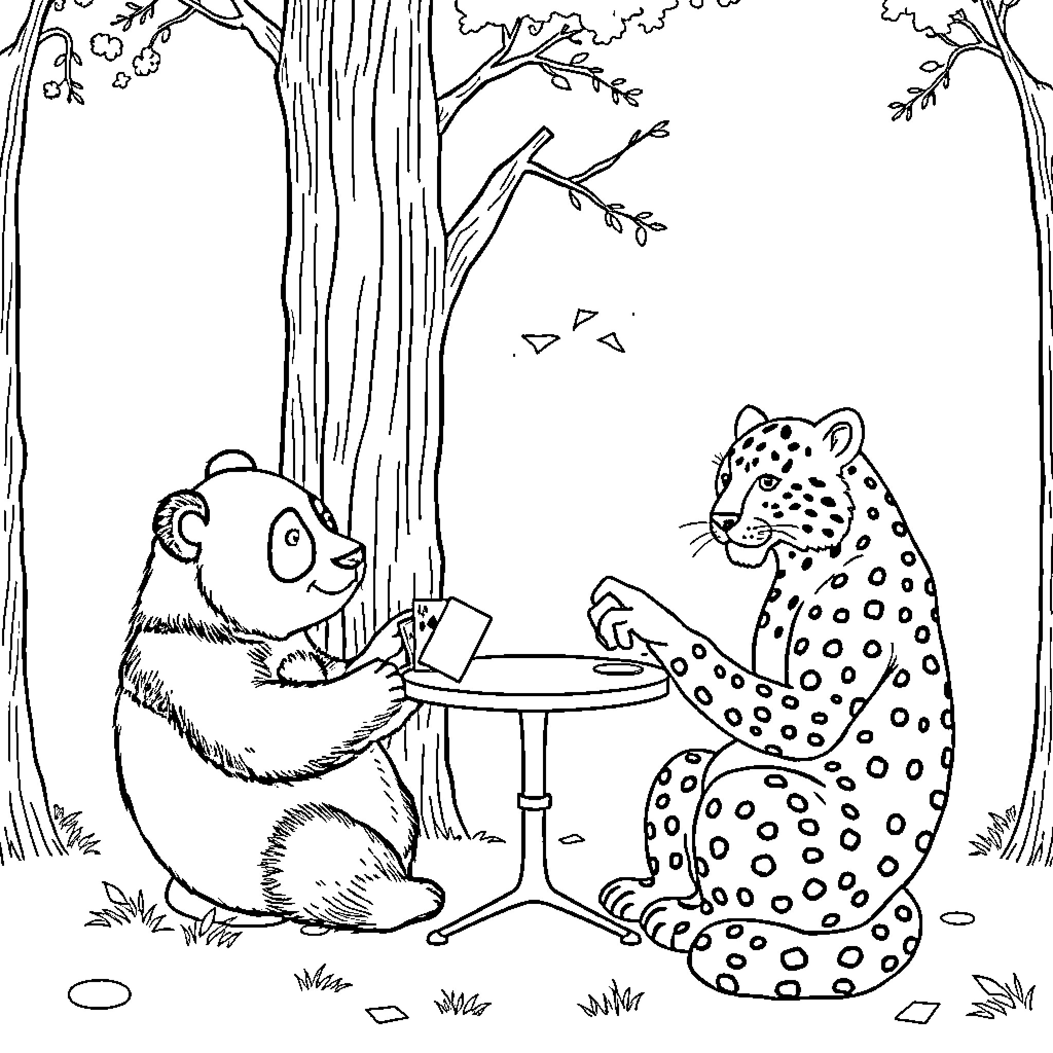 Panda and leopard enjoying a picnic in the forest Coloring Page (free black-and-white line drawing printable PDF for all, from beginners to advanced learners, including children, teens, adults, and seniors)