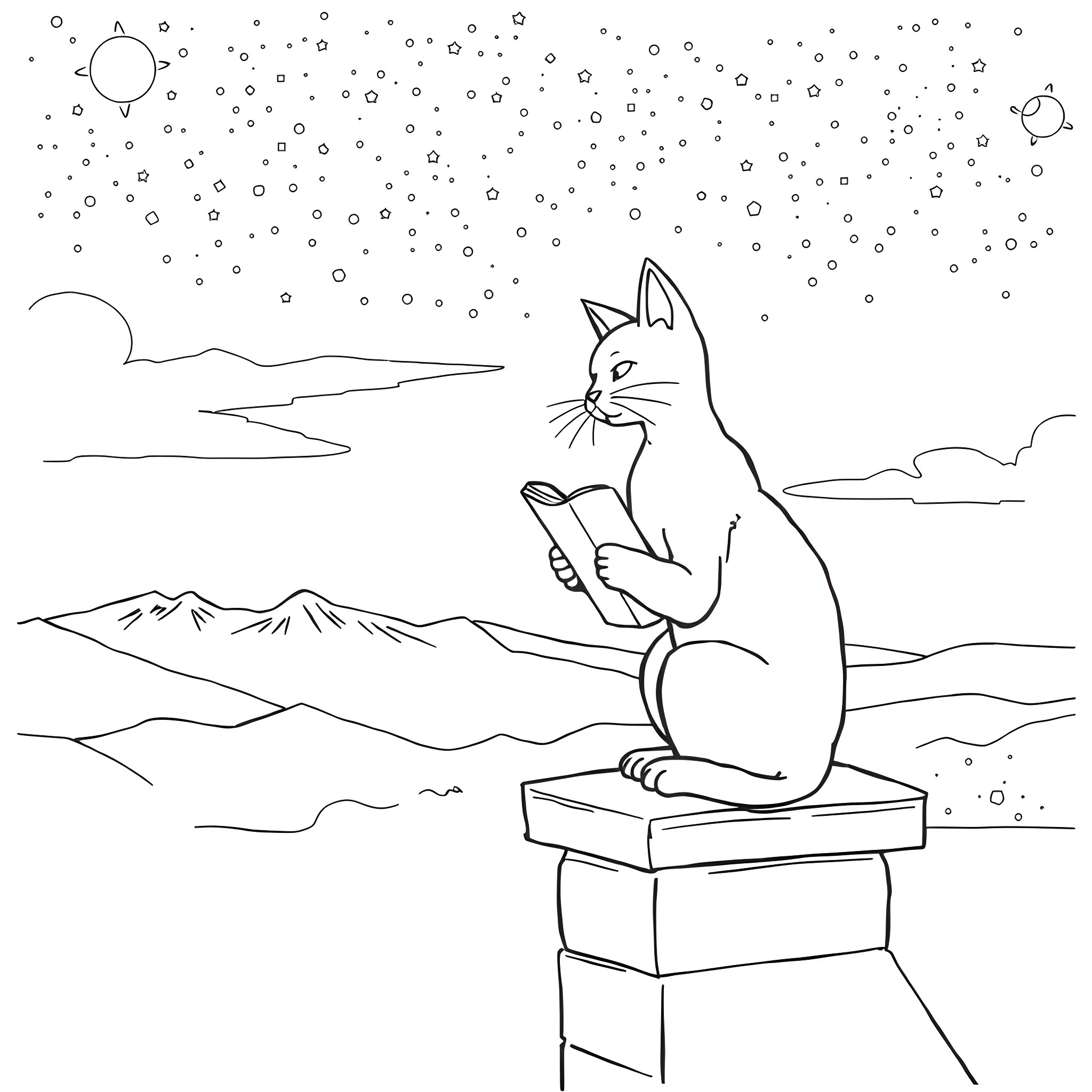 Cat sitting on a pedestal in a snowy landscape Coloring Page (free black-and-white line drawing printable PDF for all, from beginners to advanced learners, including children, teens, adults, and seniors)