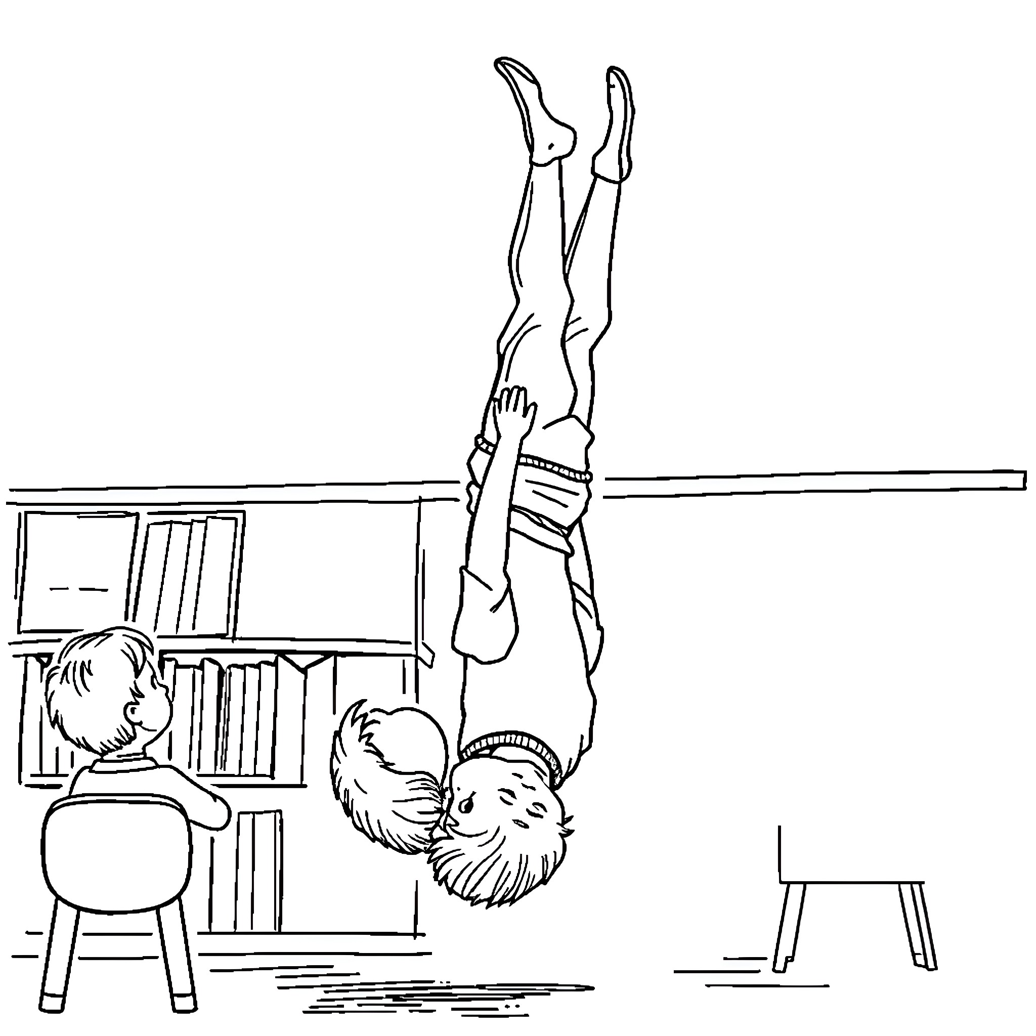 Teacher demonstrating yoga pose in classroom Coloring Page (free black-and-white line drawing printable PDF for all, from beginners to advanced learners, including children, teens, adults, and seniors)