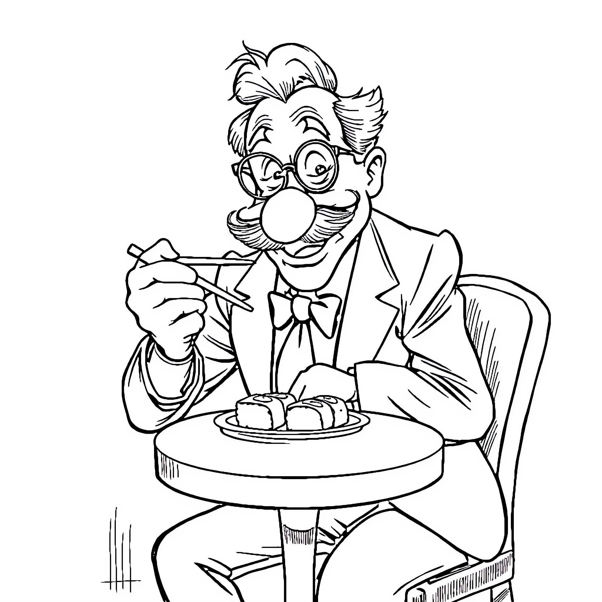 Groucho Marx enjoys a silly snack Coloring Page (free black-and-white line drawing printable PDF for all, from beginners to advanced learners, including children, teens, adults, and seniors)
