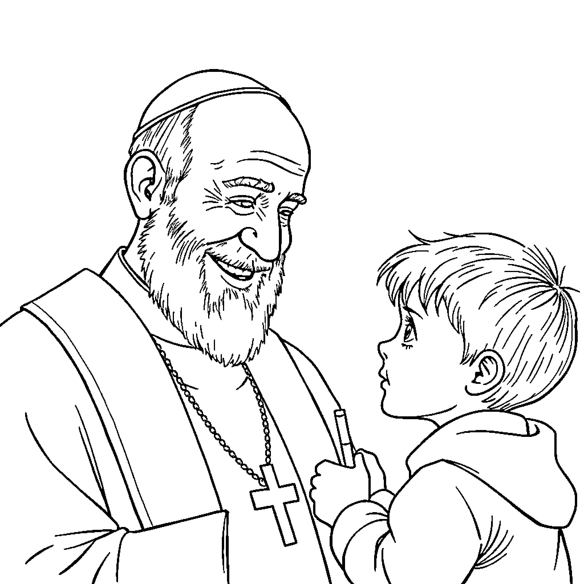 Padre Pio interacting kindly with a young child Coloring Page (free black-and-white line drawing printable PDF for all, from beginners to advanced learners, including children, teens, adults, and seniors)