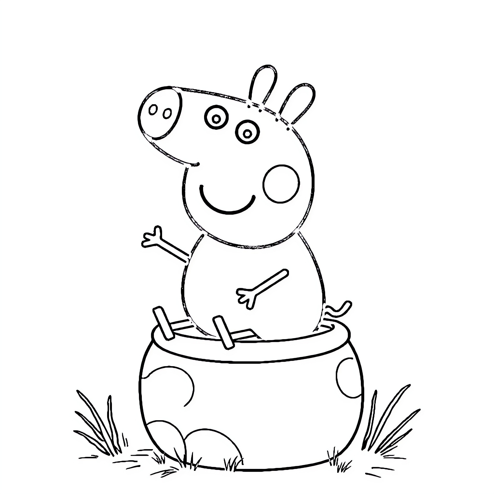 Peppa Pig waving happily from a garden pot Coloring Page (free black-and-white line drawing printable PDF for all, from beginners to advanced learners, including children, teens, adults, and seniors)